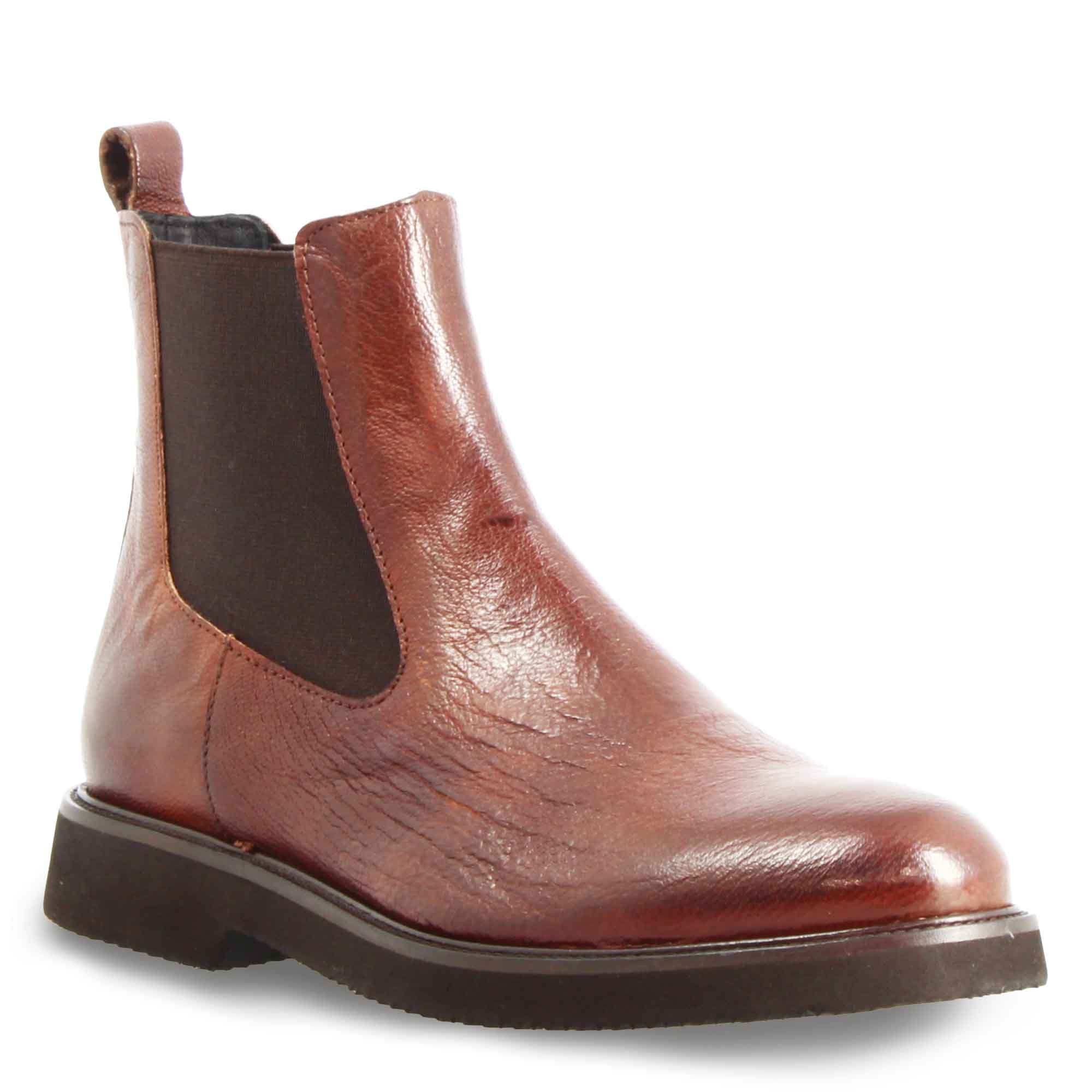 Bottine Chelsea pour femme en cuir véritable marron avec élastique
