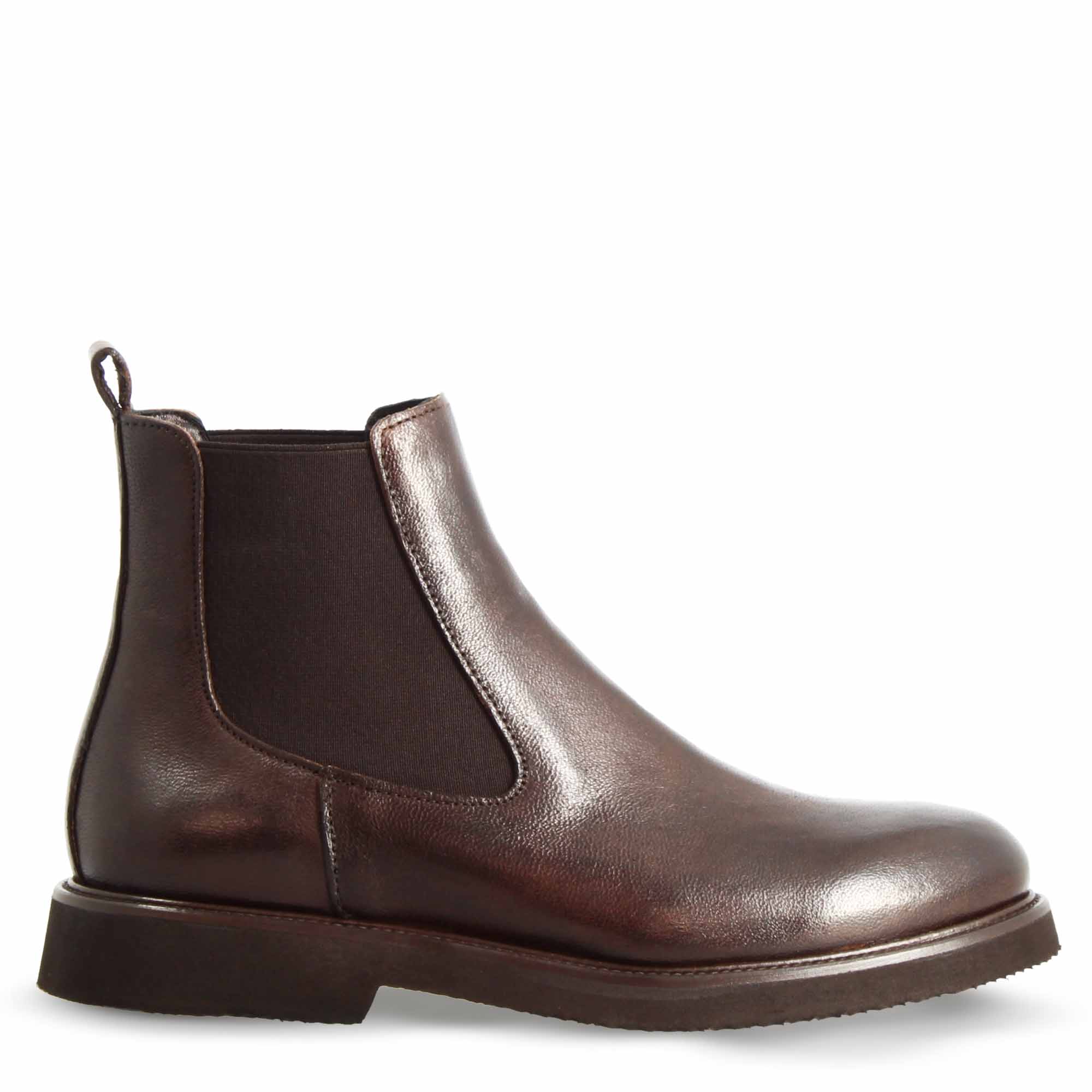 Bottine Chelsea pour femme en cuir véritable marron foncé avec élastique