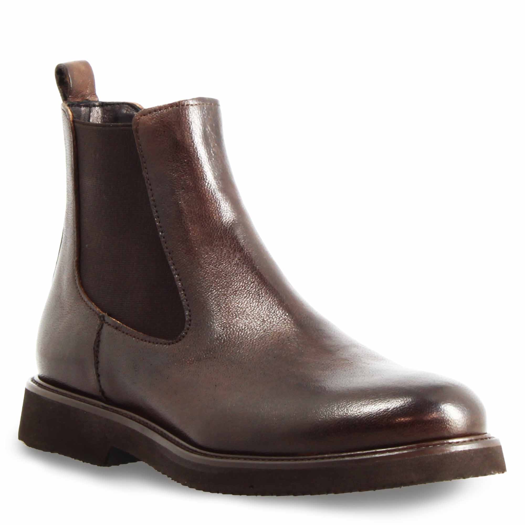 Bottine Chelsea pour femme en cuir véritable marron foncé avec élastique