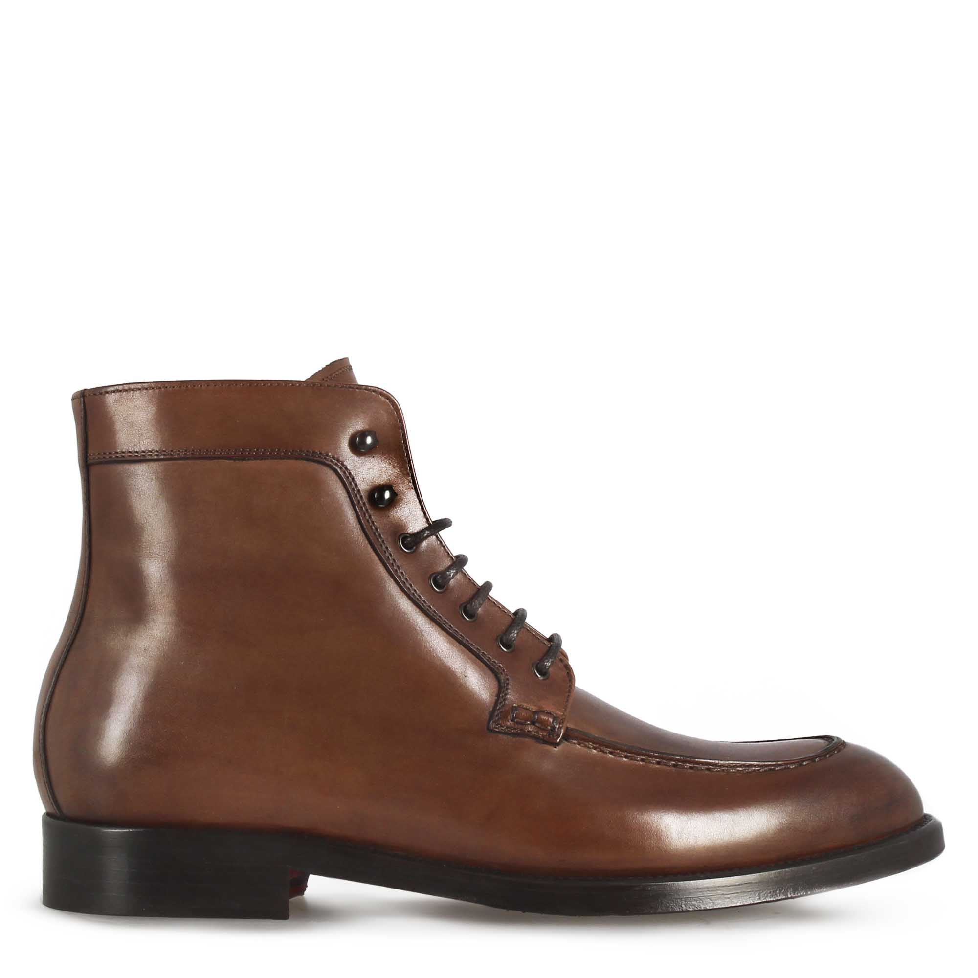 Men's Ankle Lace-Up Boot in Smooth Brown Leather