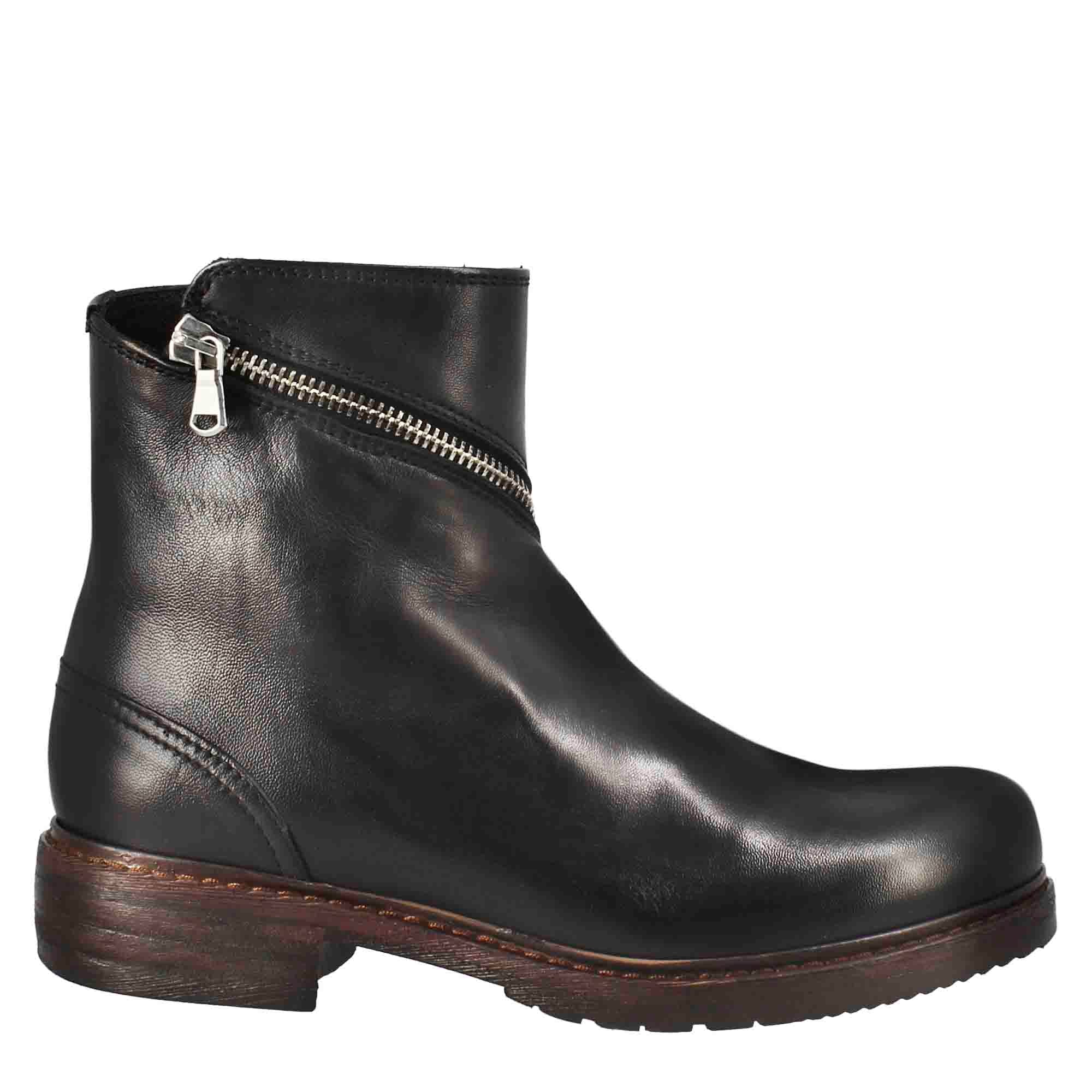 Bottine femme Paupa en cuir lavé noir avec double zip