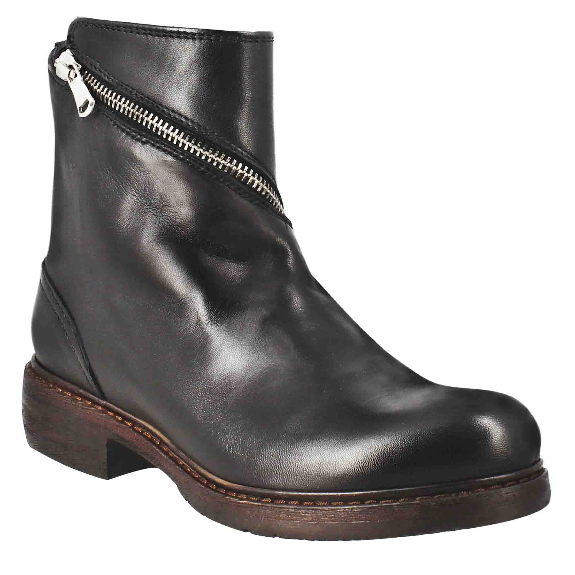 Bottine femme Paupa en cuir lavé noir avec double zip
