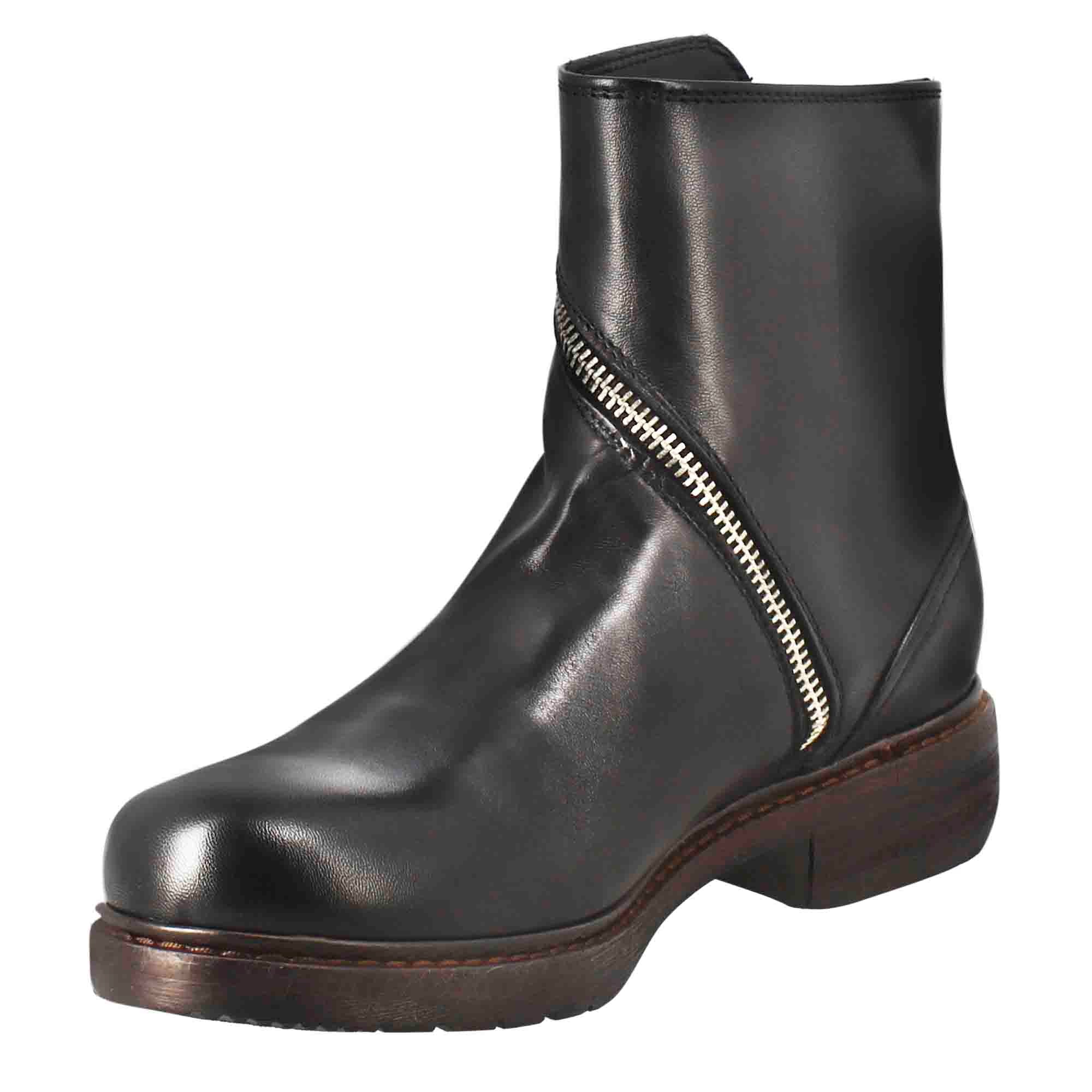 Bottine femme Paupa en cuir lavé noir avec double zip