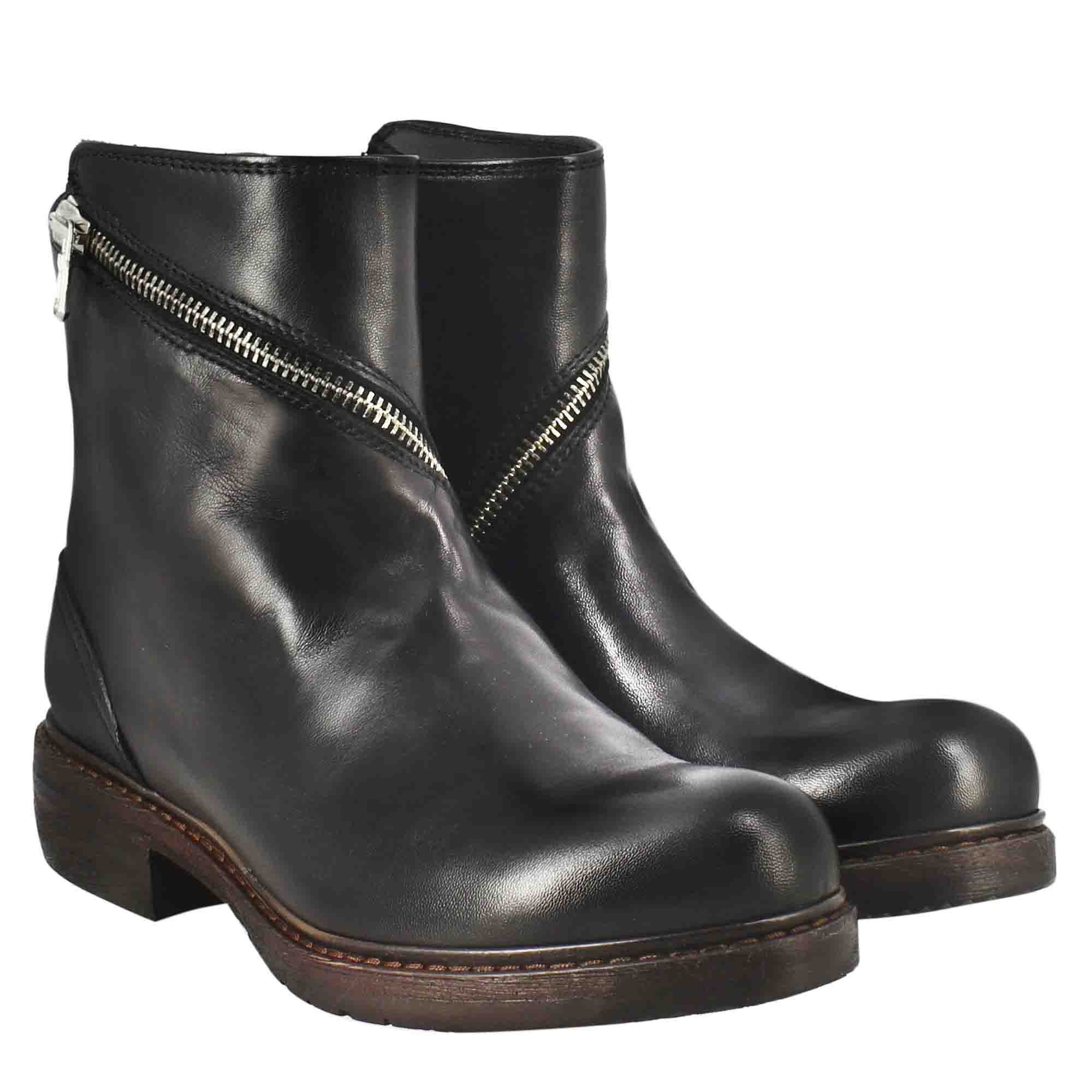 Bottine femme Paupa en cuir lavé noir avec double zip