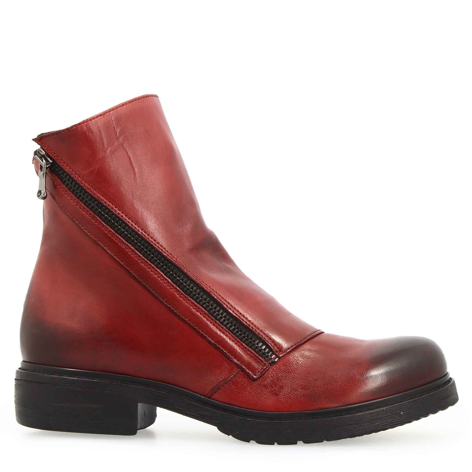 Women's red washed leather ankle boot with double zip