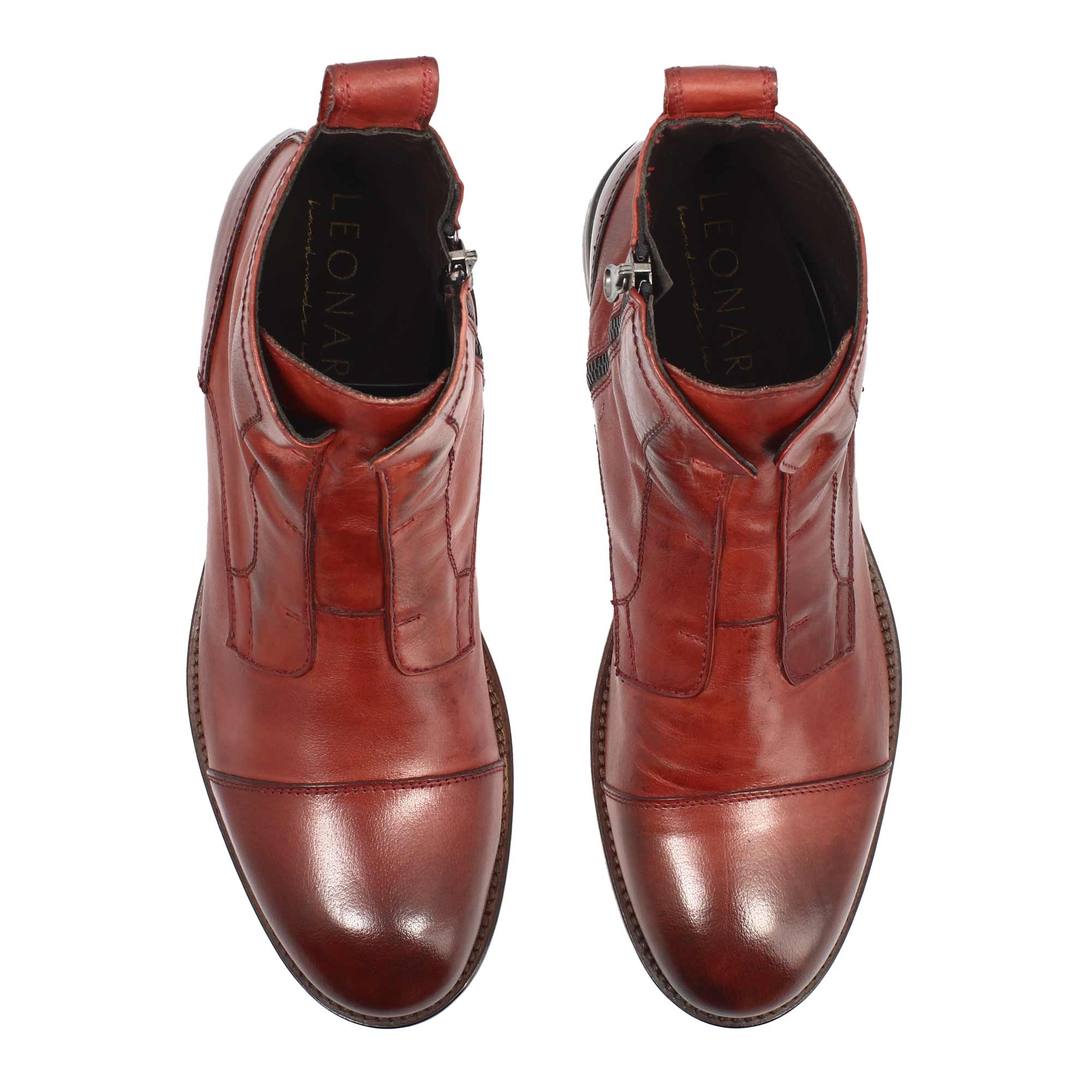 Men's handmade cap toe ankle boot in burgundy leather