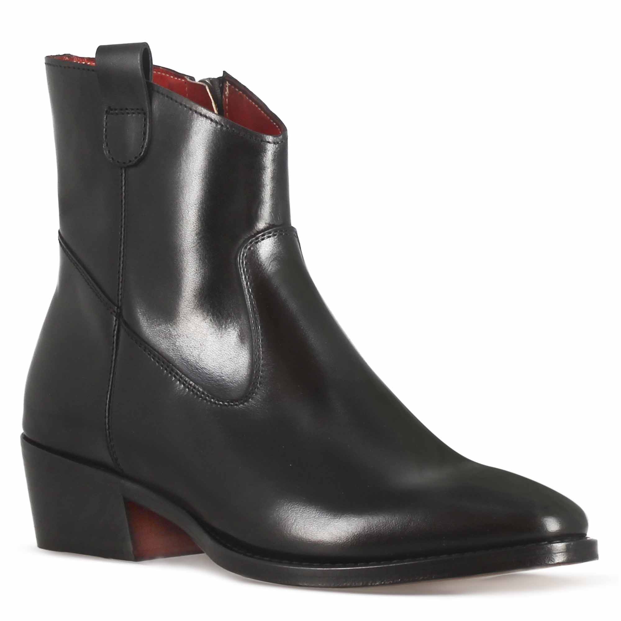 Women's Black Leather Texan Style Over The Ankle Boot