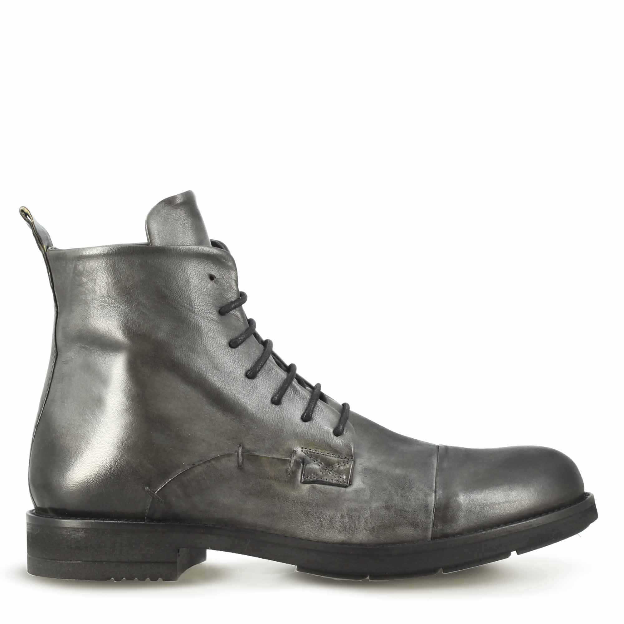 Men's vintage leather ankle boot in grey with laces