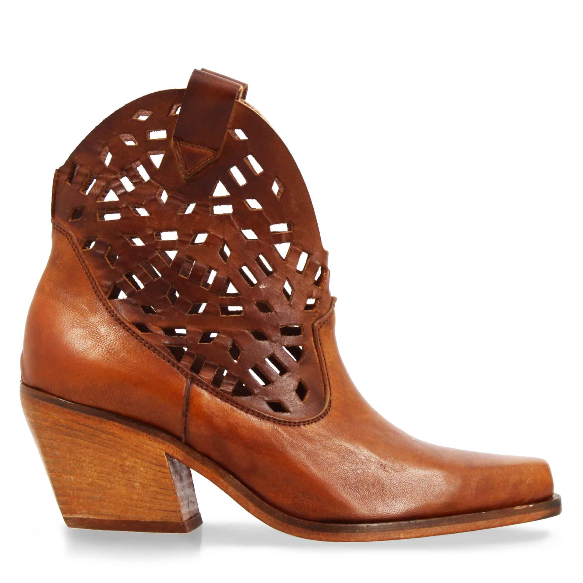 Women's Brown Texan Ankle Boots with Perforated Designs