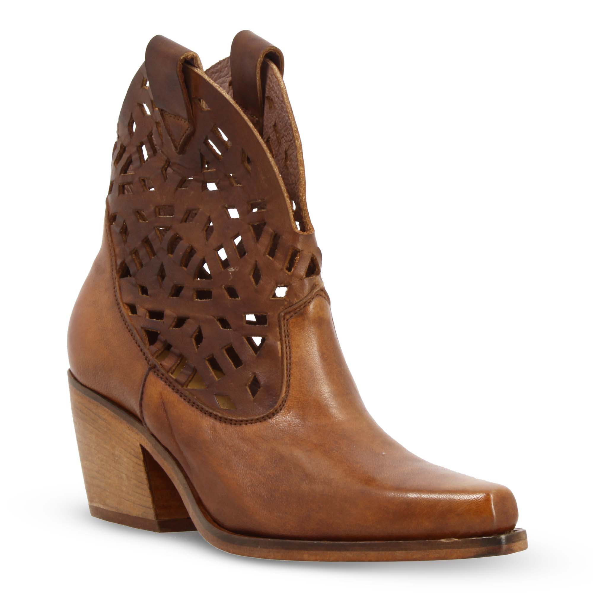 Women's Brown Texan Ankle Boots with Perforated Designs