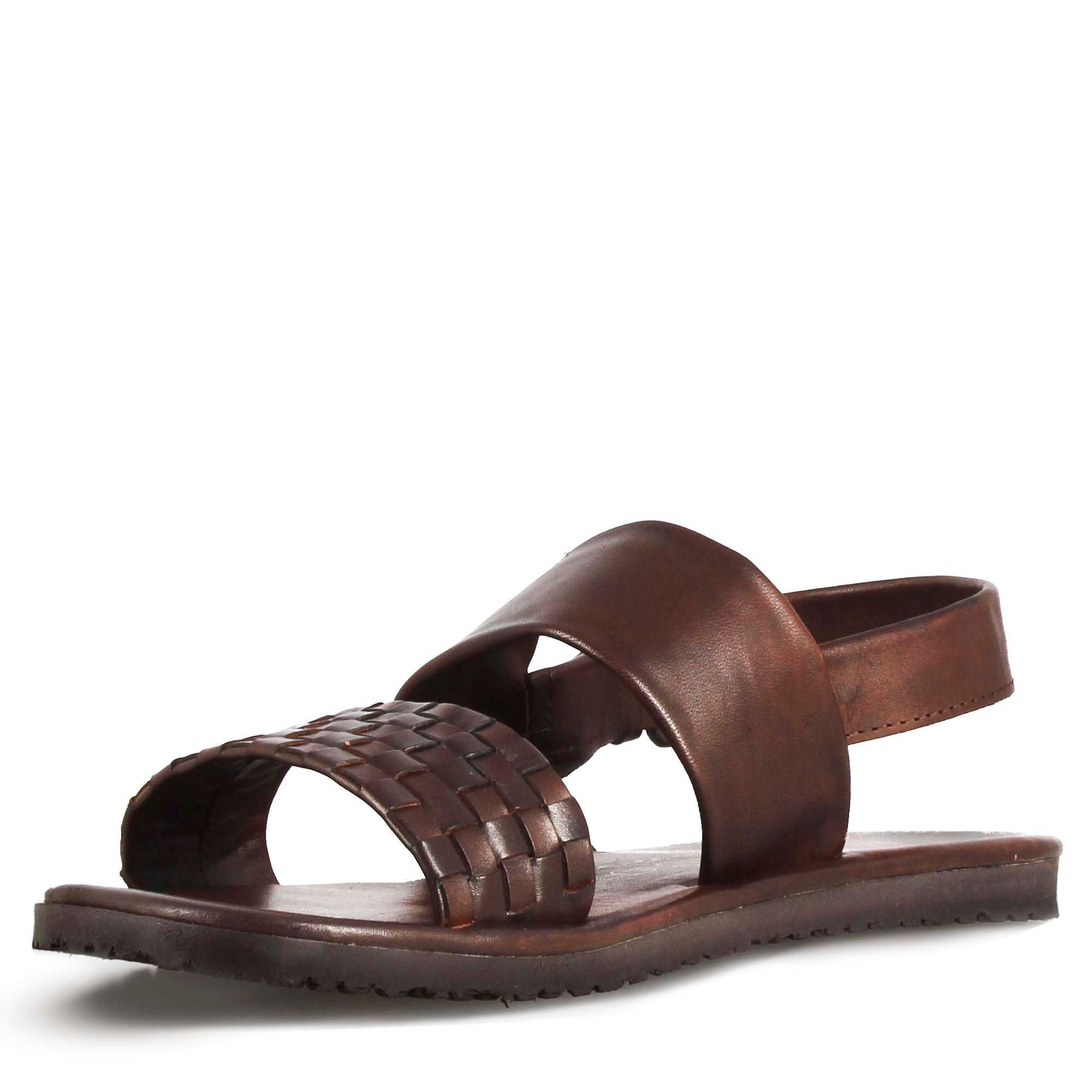Sandale pour homme avec boucle en cuir semi-tressé marron
