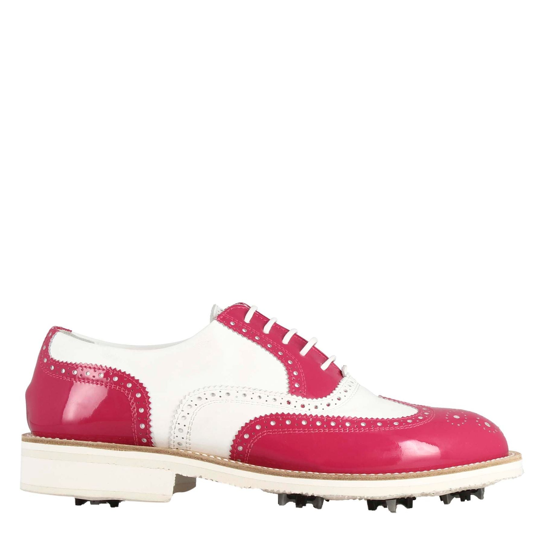 Handmade golf shoes in white shiny pink leather