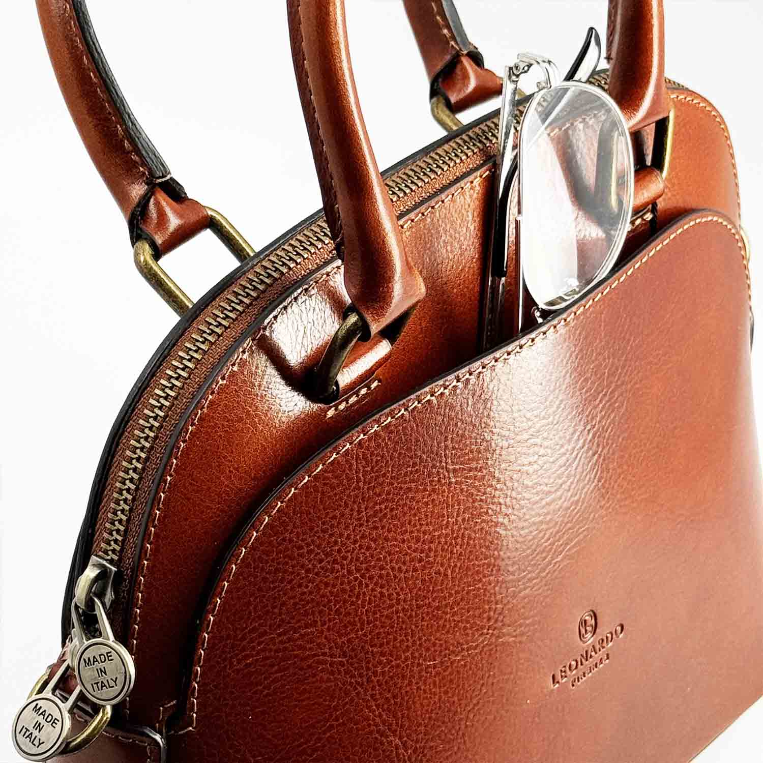 Zaira hand bag in semi glossy brown leather for woman
