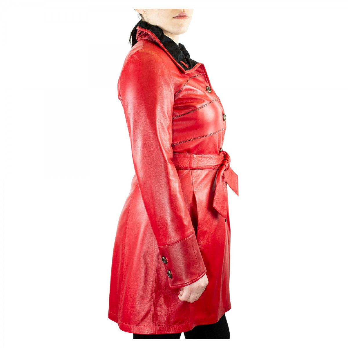 Giacca elegante da donna con cintura fatta a mano in pelle di agnello e cachemire rossa e nera