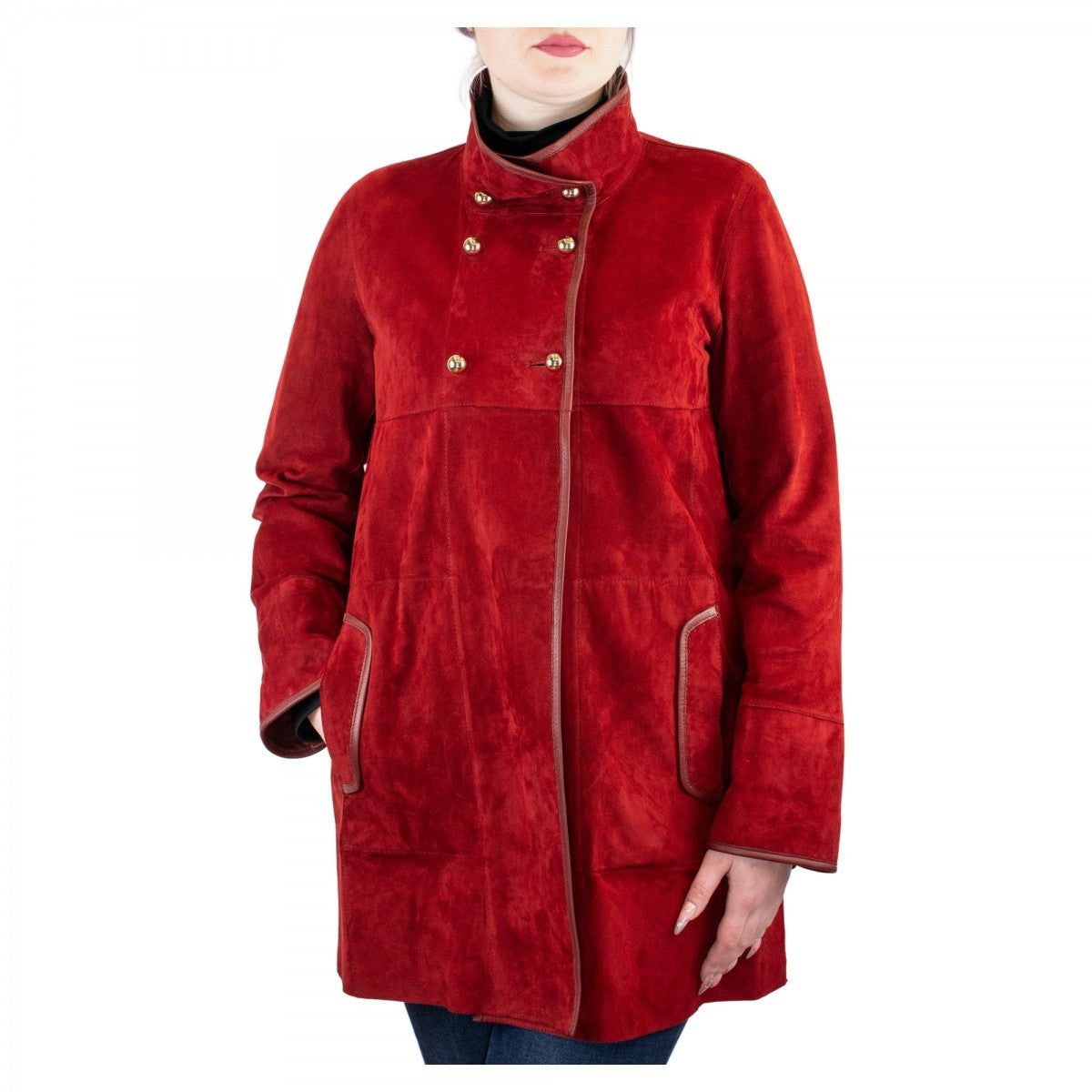 Giacca elegante reversibile Abois da donna fatta a mano in pelle di renna rossa con bottoni