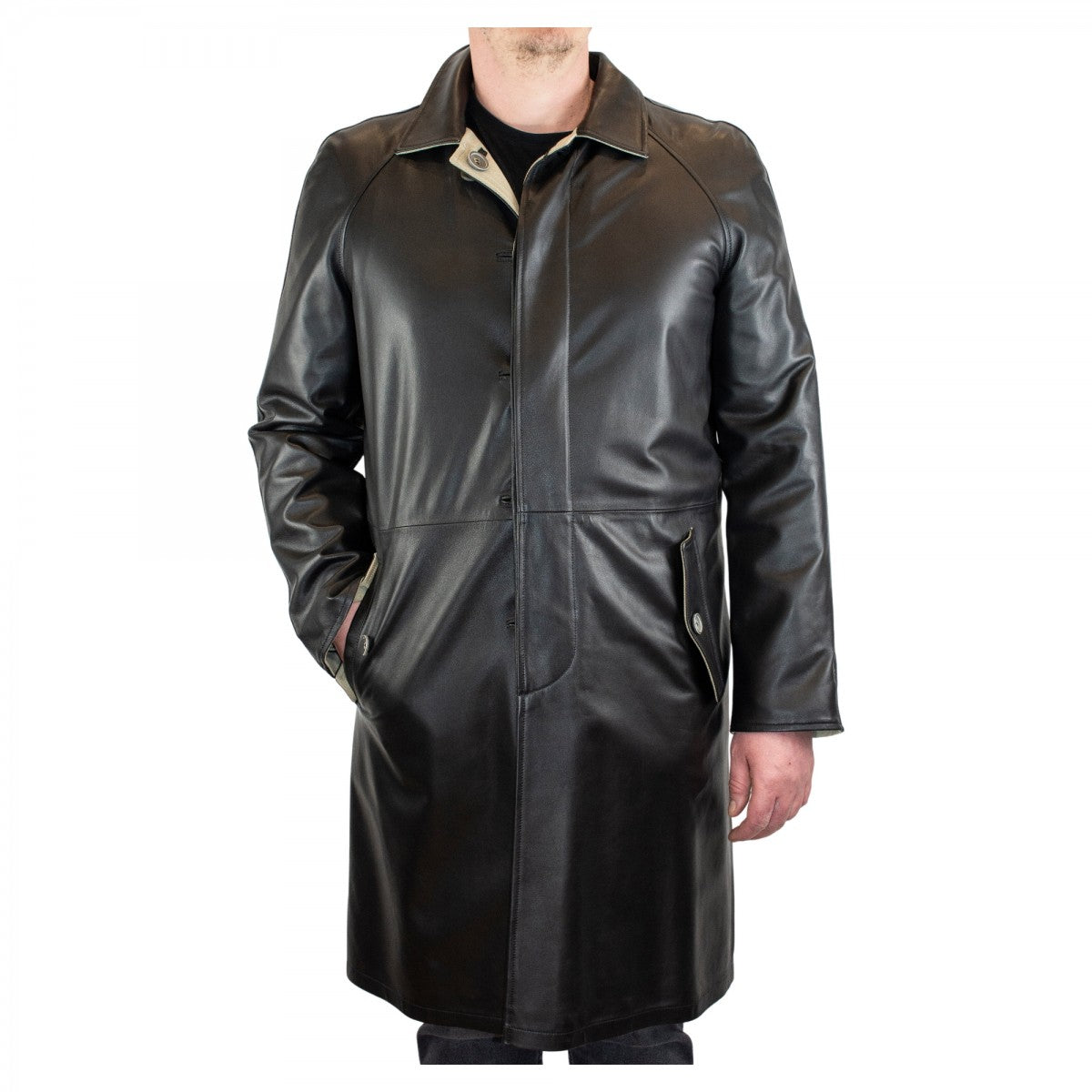 Long reversible jacket for men in black LEATHER with buttons