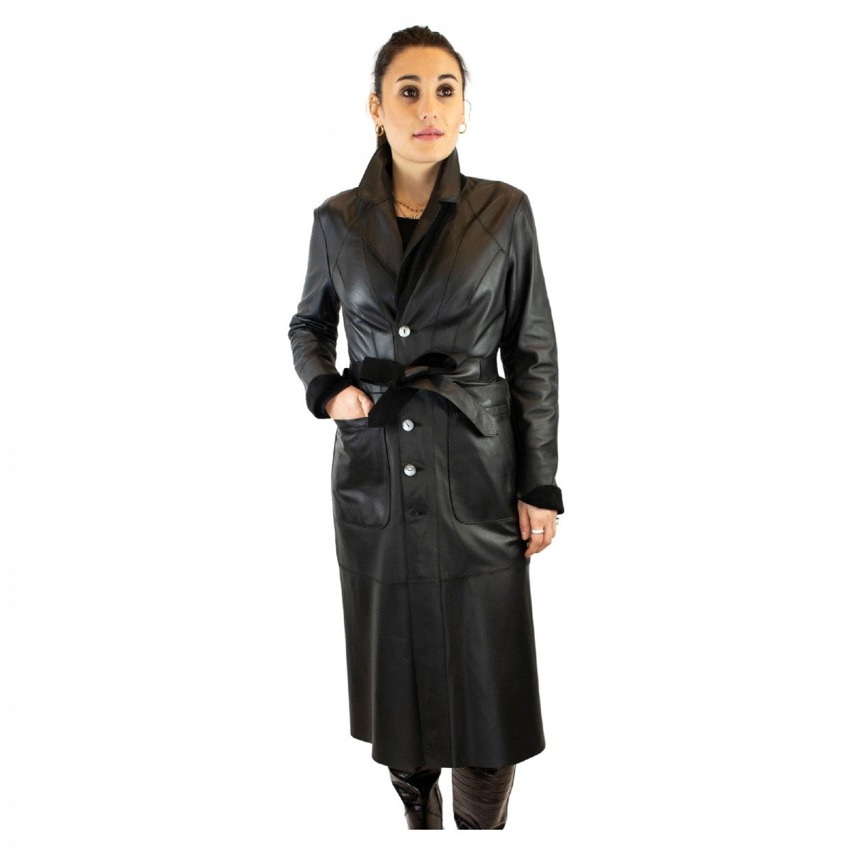 Giacca reversibile lunga elegante da donna fatta a mano in pelle nera con cintura