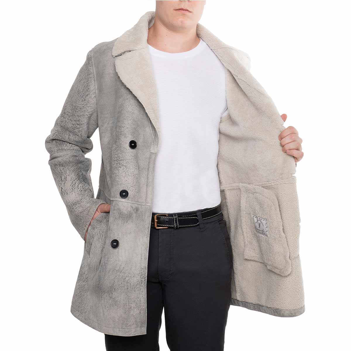 Giacca doppio petto da uomo in pelle di montone grigia - LeonardoShoes