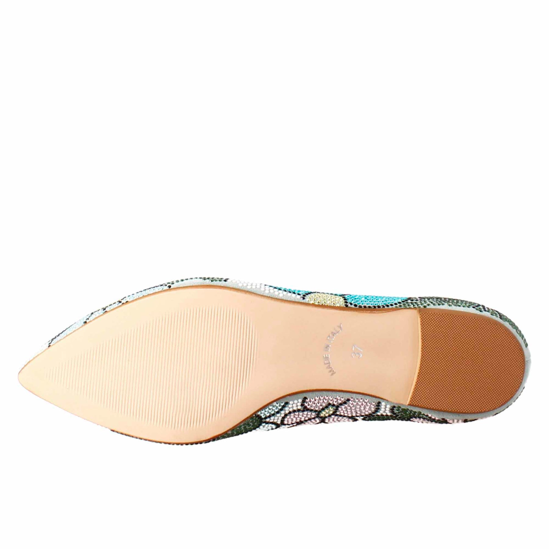 Light blue women's ballet flats in suede with rhinestones