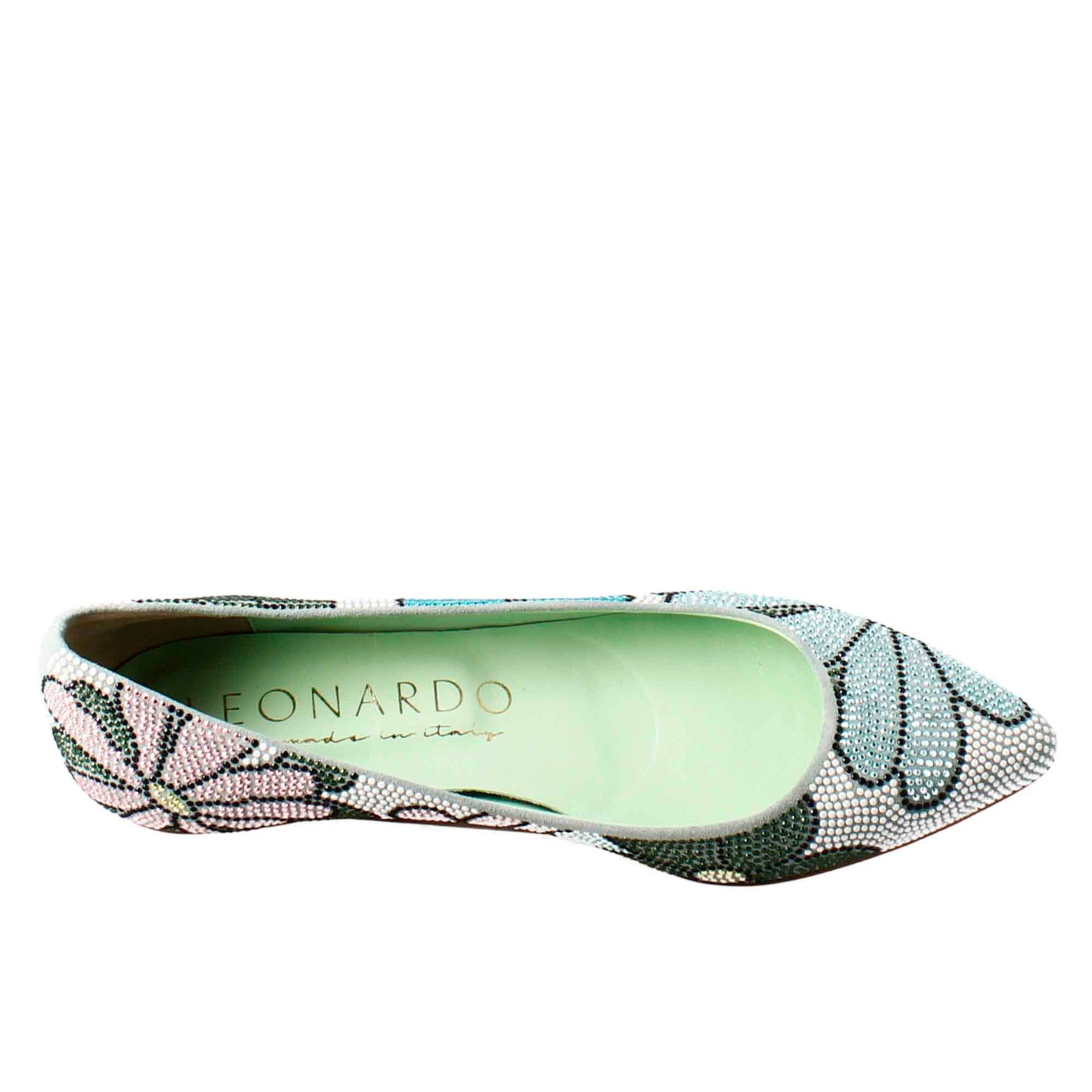 Light blue women's ballet flats in suede with rhinestones