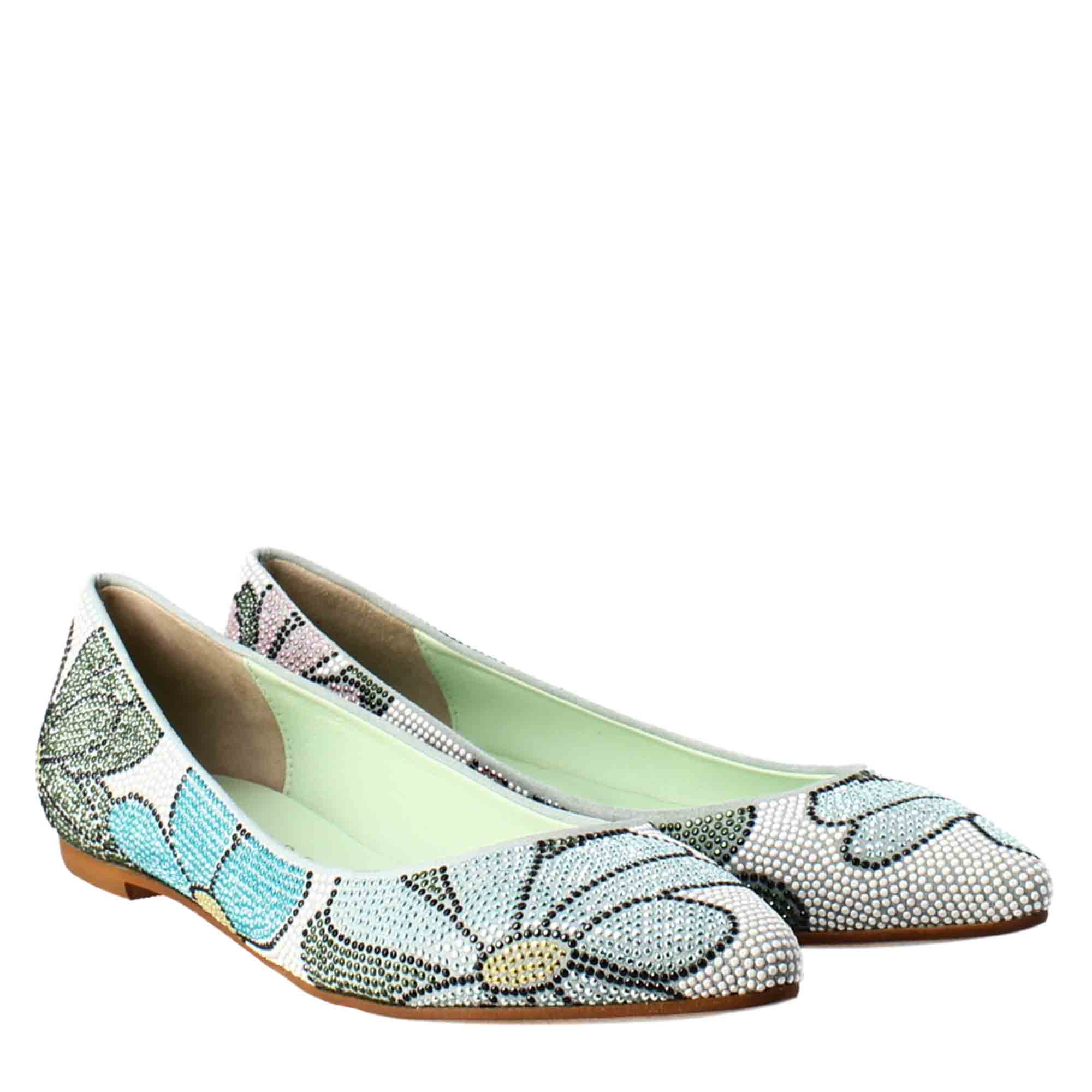 Ballerines femme bleu clair en daim avec strass