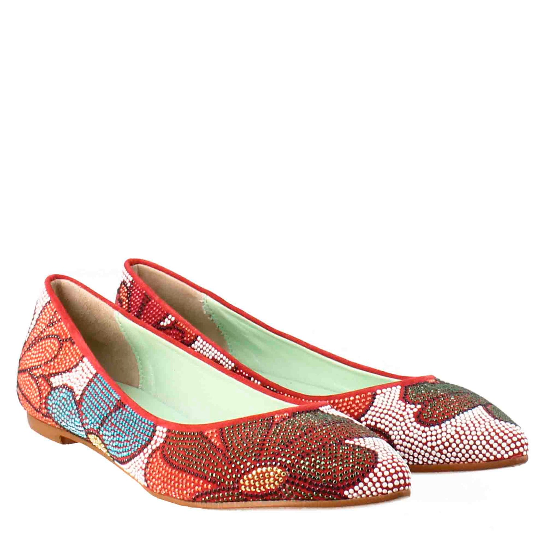 Ballerine color rosso da donna in pelle scamosciata con strass