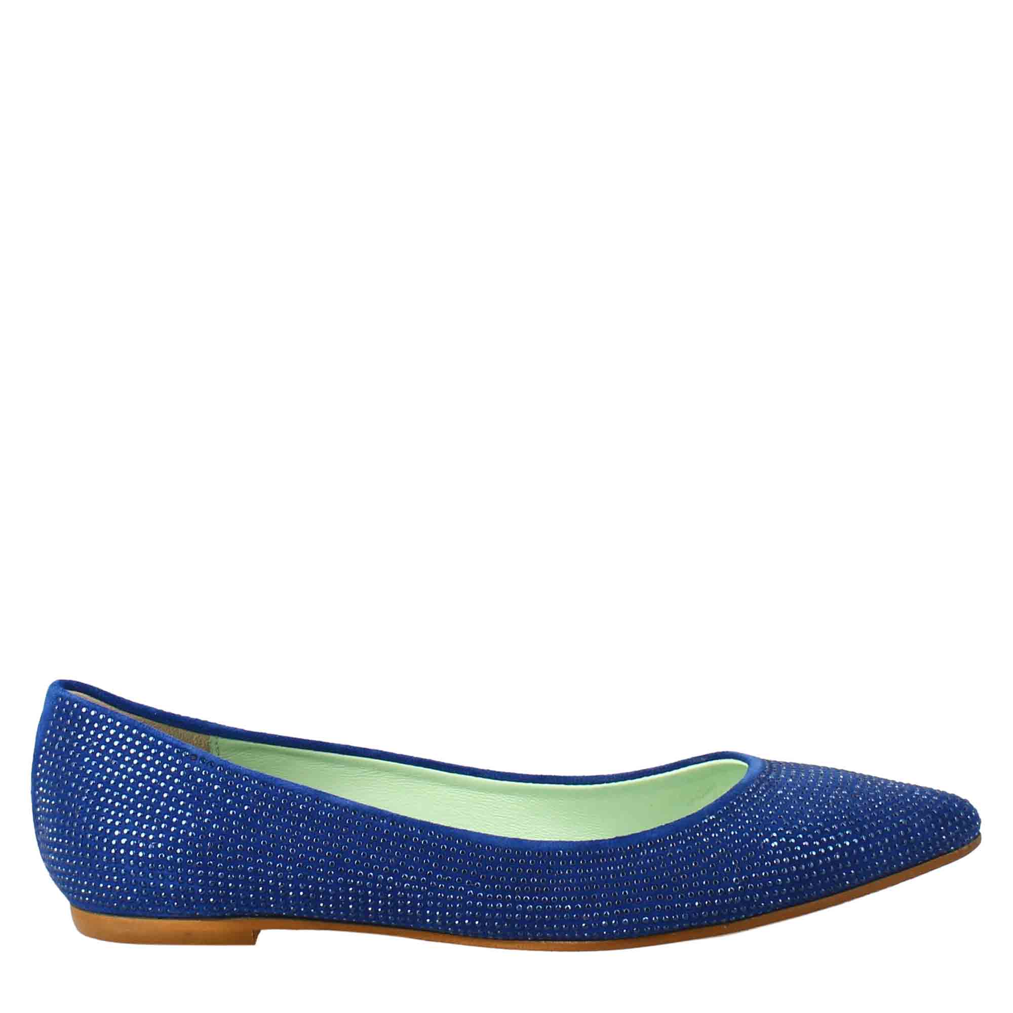Ballerine da donna color celeste in pelle scamosciata con strass - LeonardoShoes