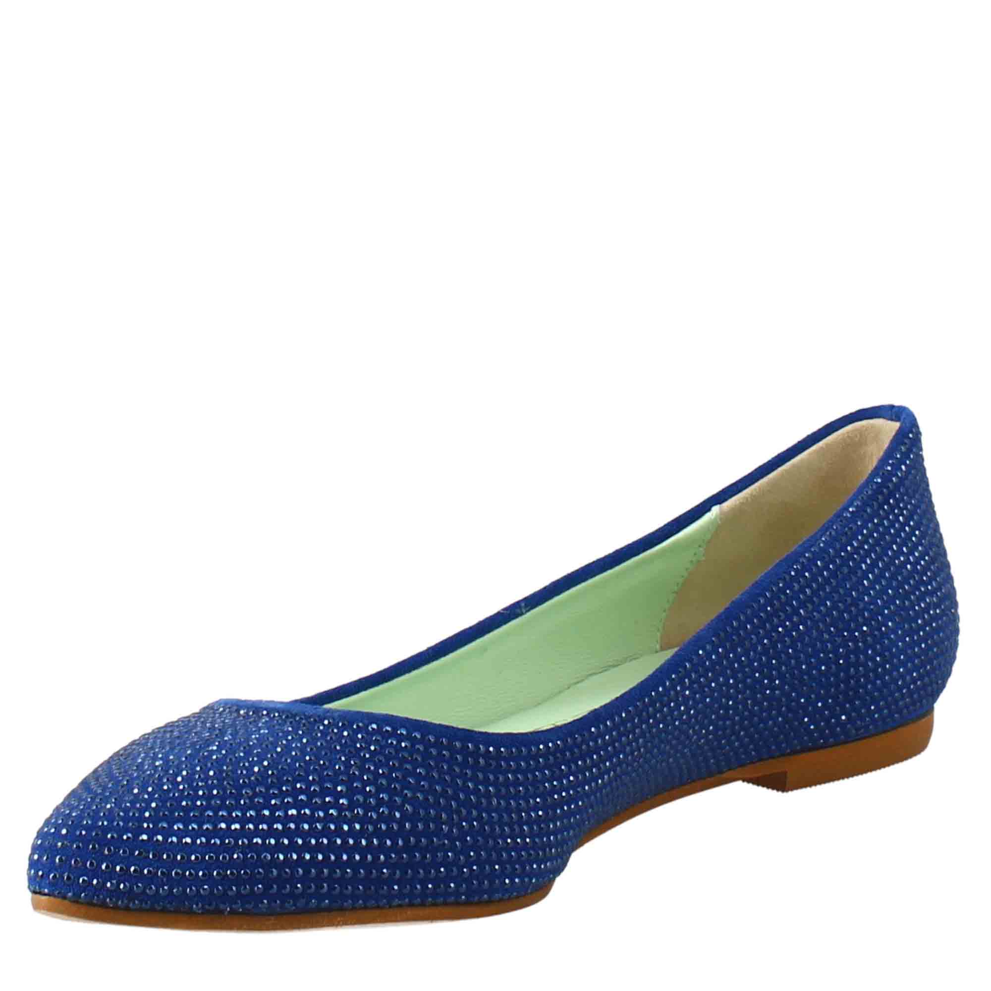 Ballerine da donna color celeste in pelle scamosciata con strass - LeonardoShoes
