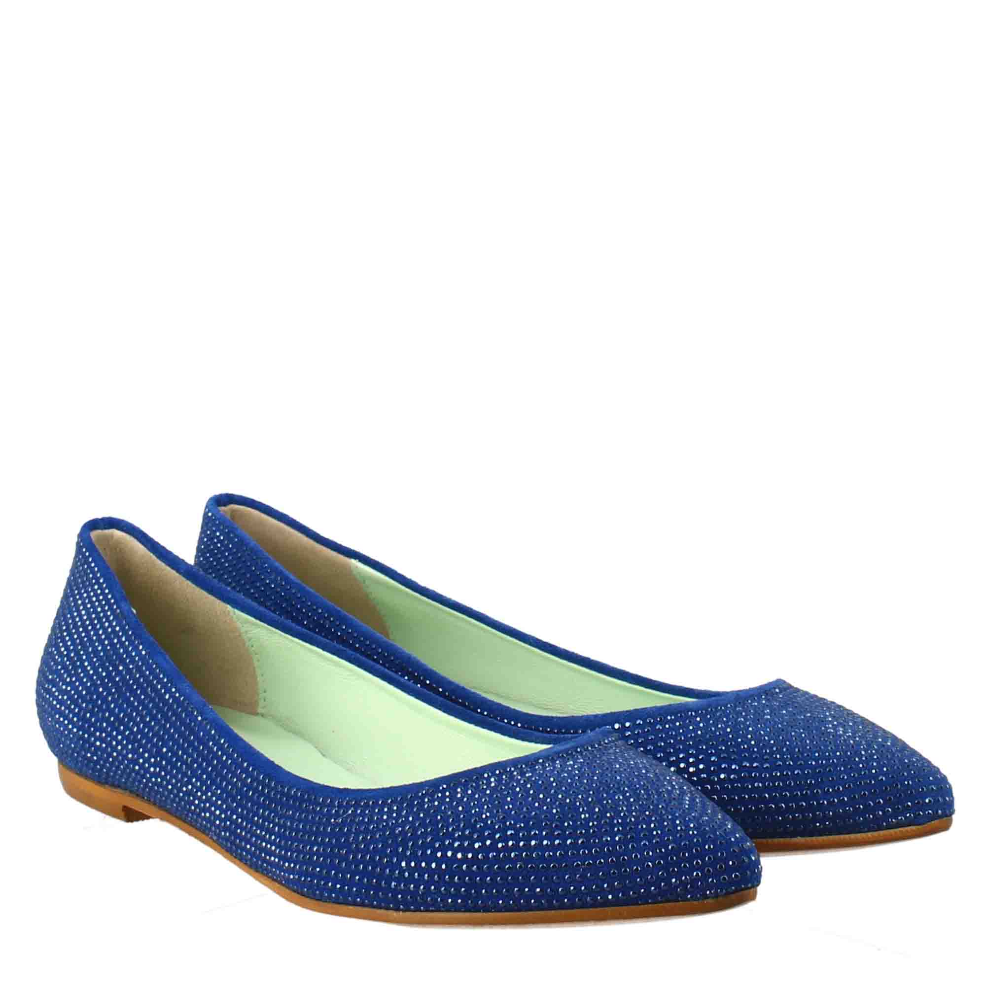 Ballerine da donna color celeste in pelle scamosciata con strass - LeonardoShoes