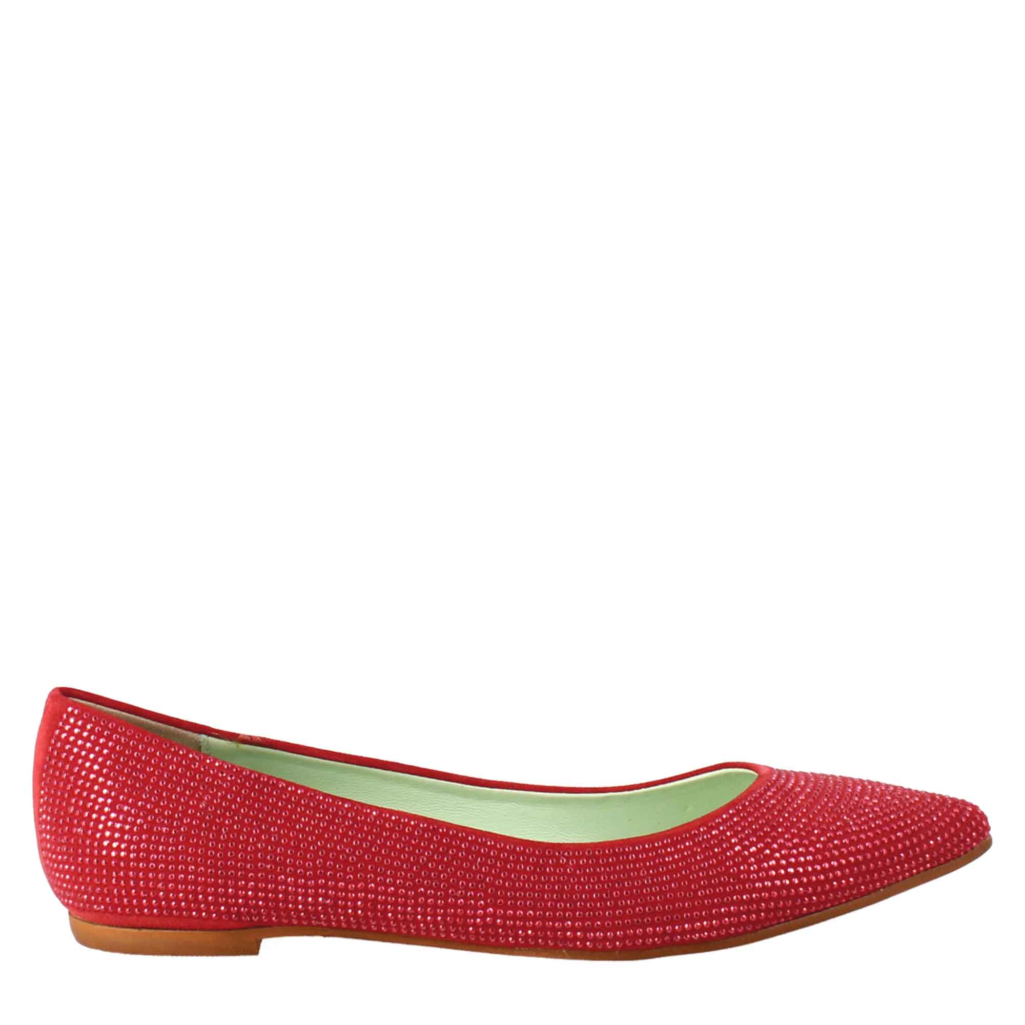 Ballerine da donna color rosso in pelle scamosciata con strass - LeonardoShoes