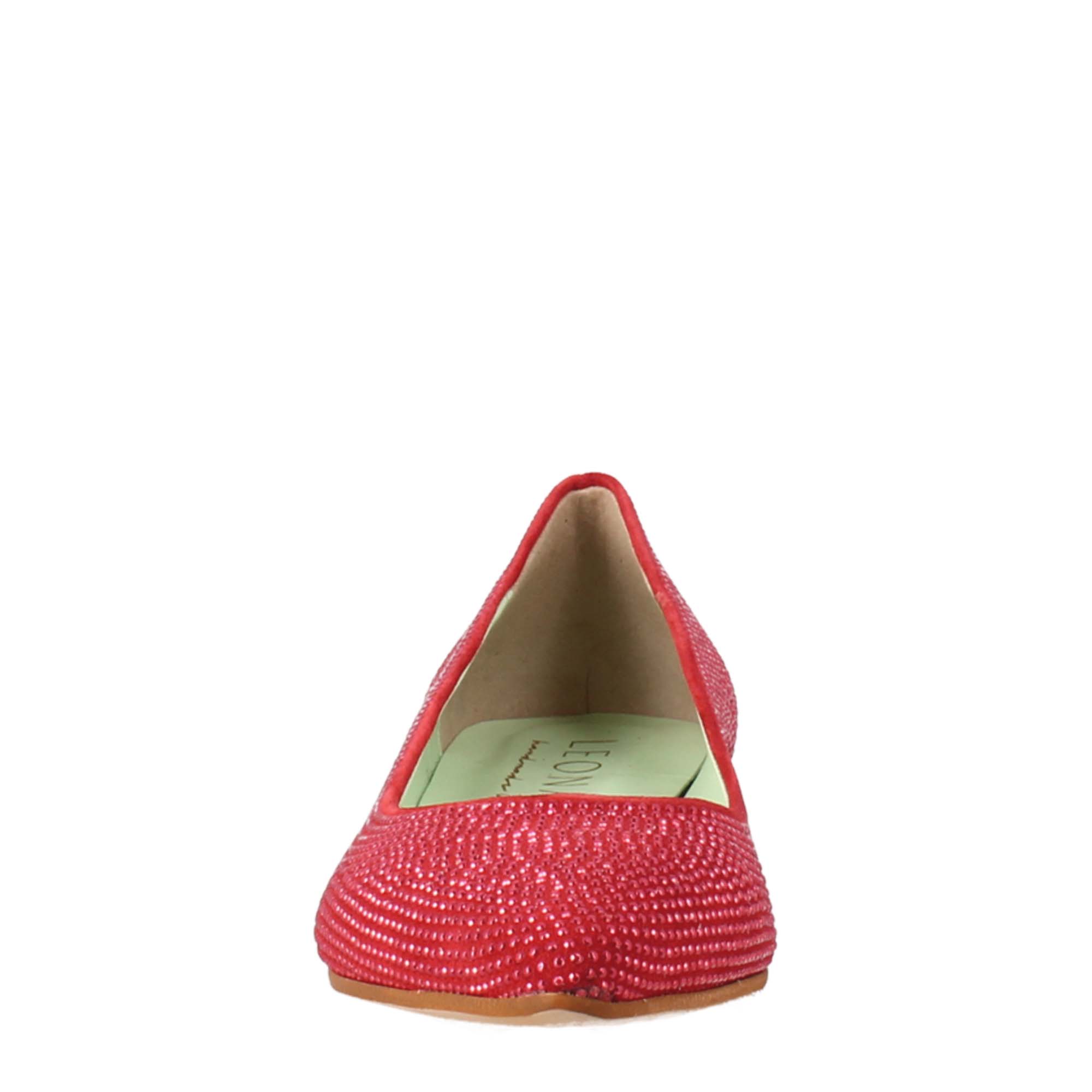 Ballerine da donna color rosso in pelle scamosciata con strass - LeonardoShoes