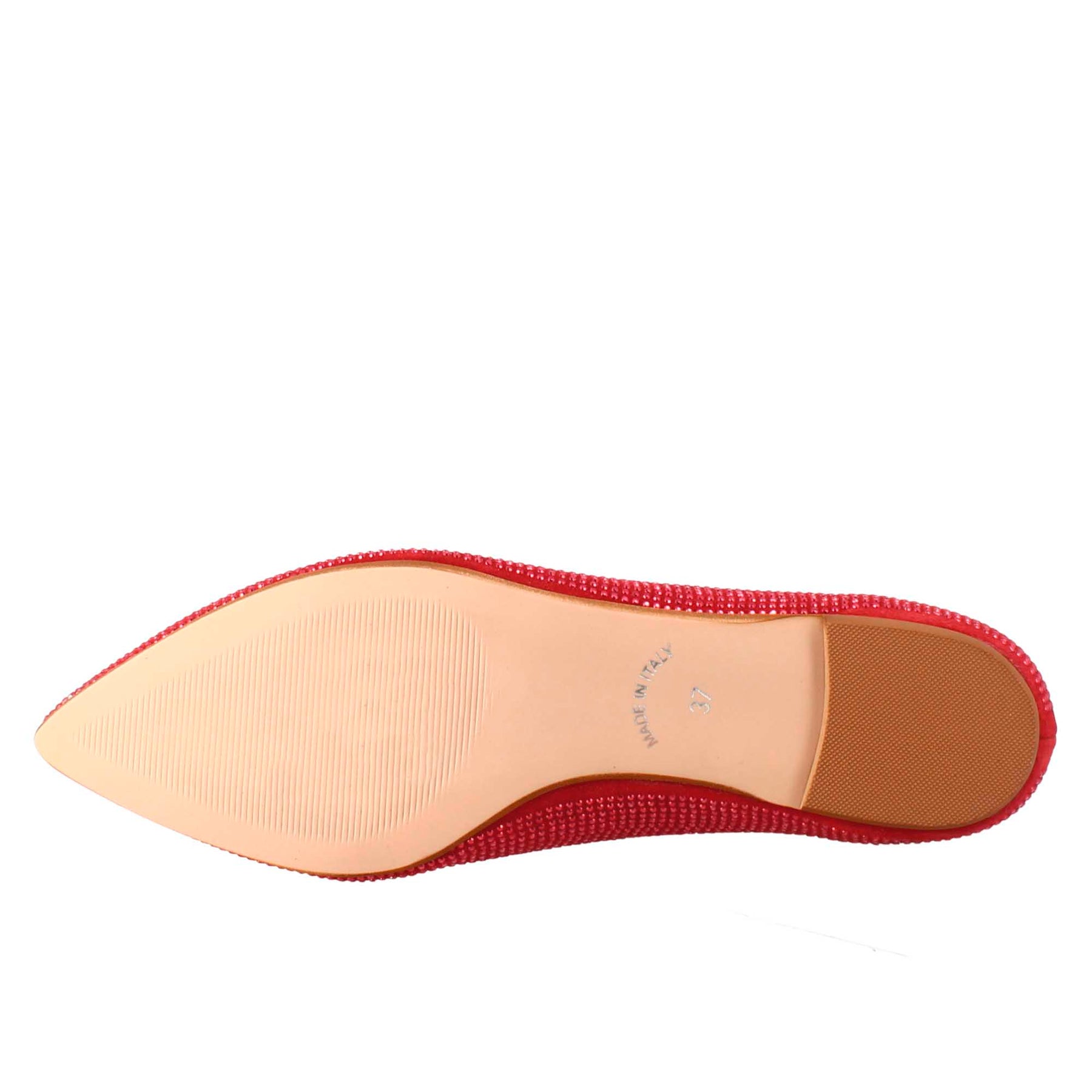 Women's red suede ballet flats with rhinestones