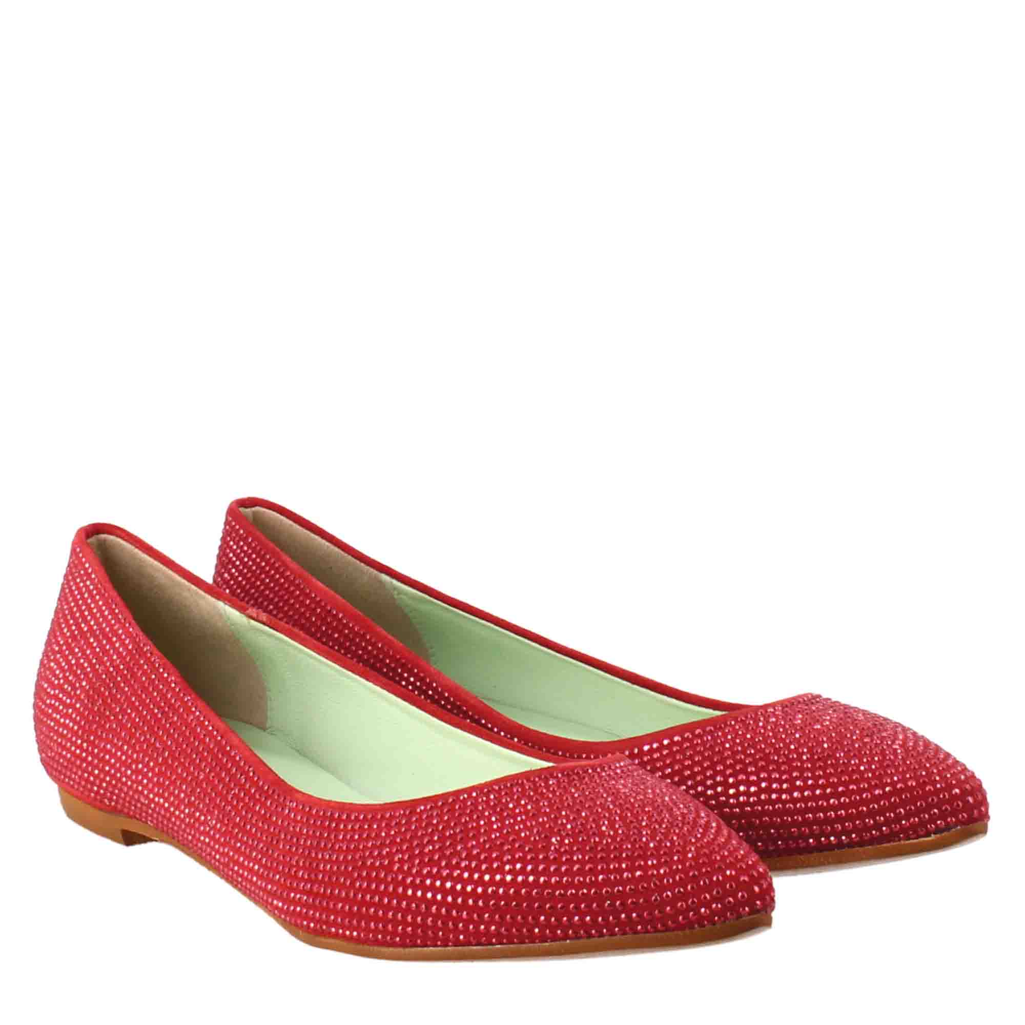 Ballerine da donna color rosso in pelle scamosciata con strass - LeonardoShoes