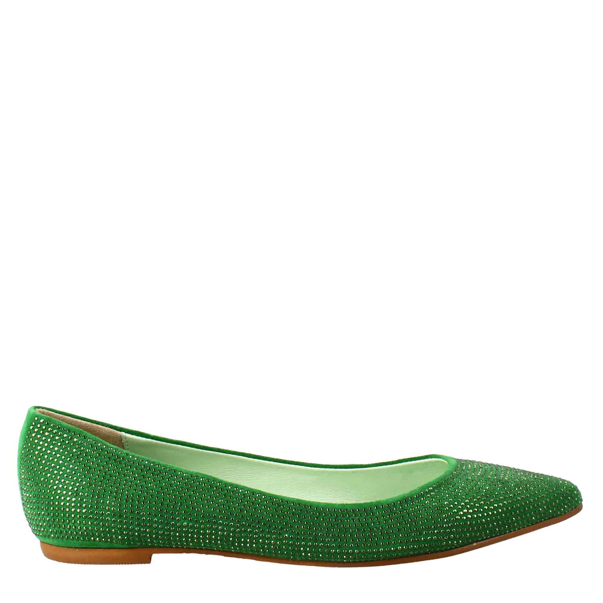 Ballerine da donna color verde in pelle scamosciata con strass - LeonardoShoes
