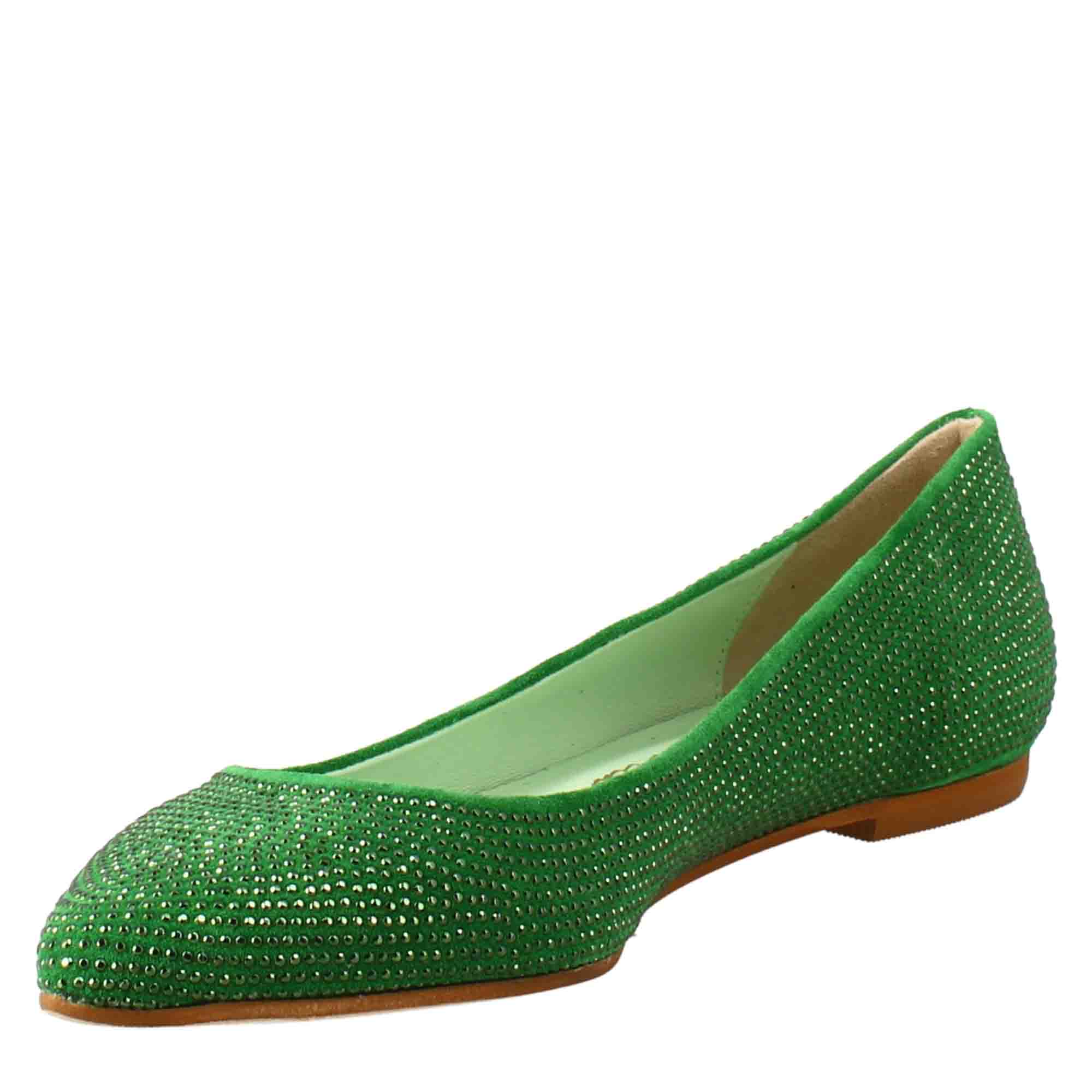 Ballerine da donna color verde in pelle scamosciata con strass - LeonardoShoes