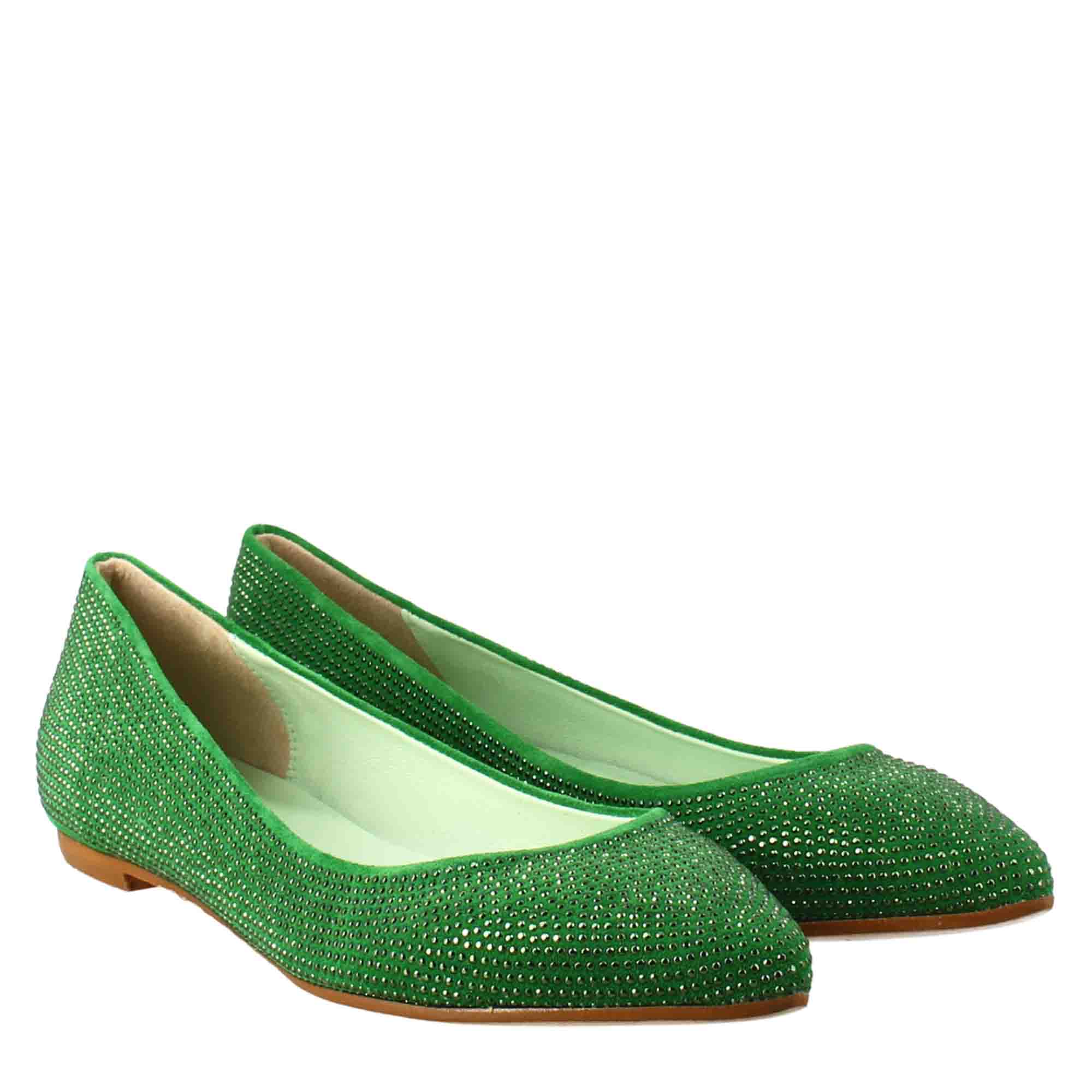 Ballerine da donna color verde in pelle scamosciata con strass - LeonardoShoes