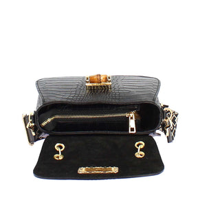Handmade women's handbag in black leather with removable shoulder strap