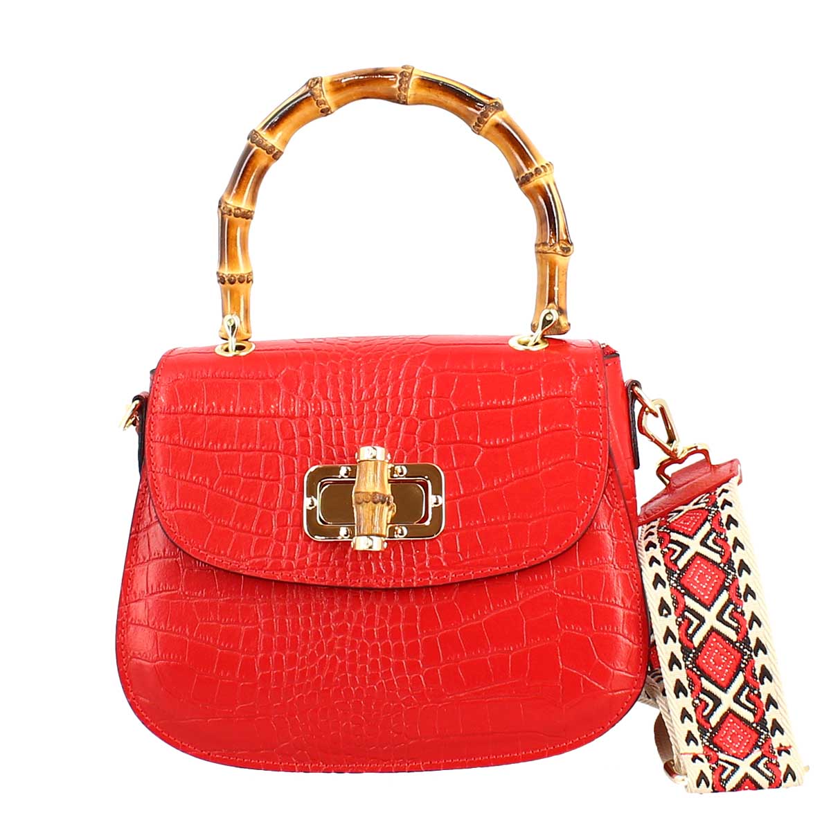 Handmade women's handbag in red leather with removable shoulder strap