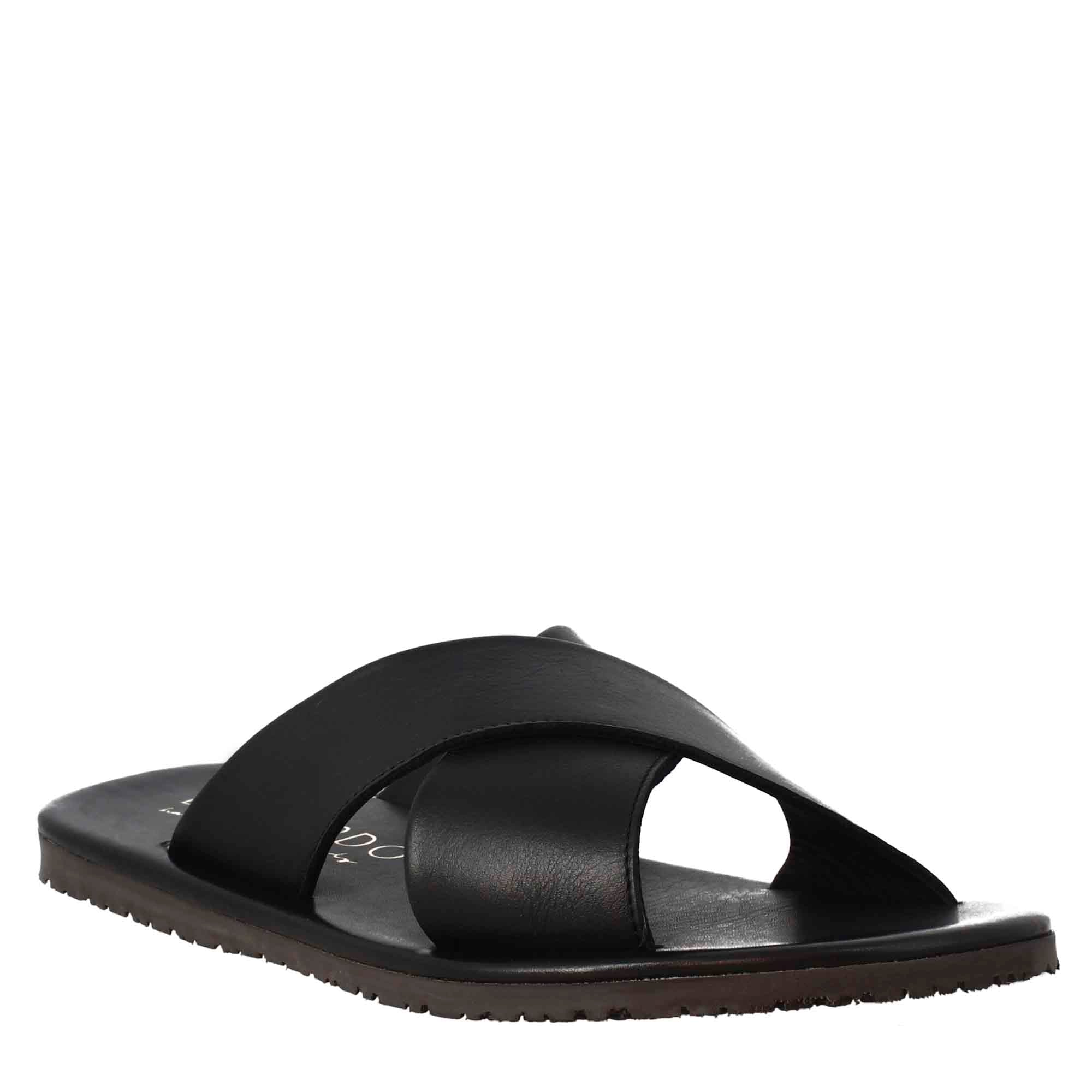 Sandali ciabatta con fasce incrociate da uomo fatti a mano in pelle nera - LeonardoShoes