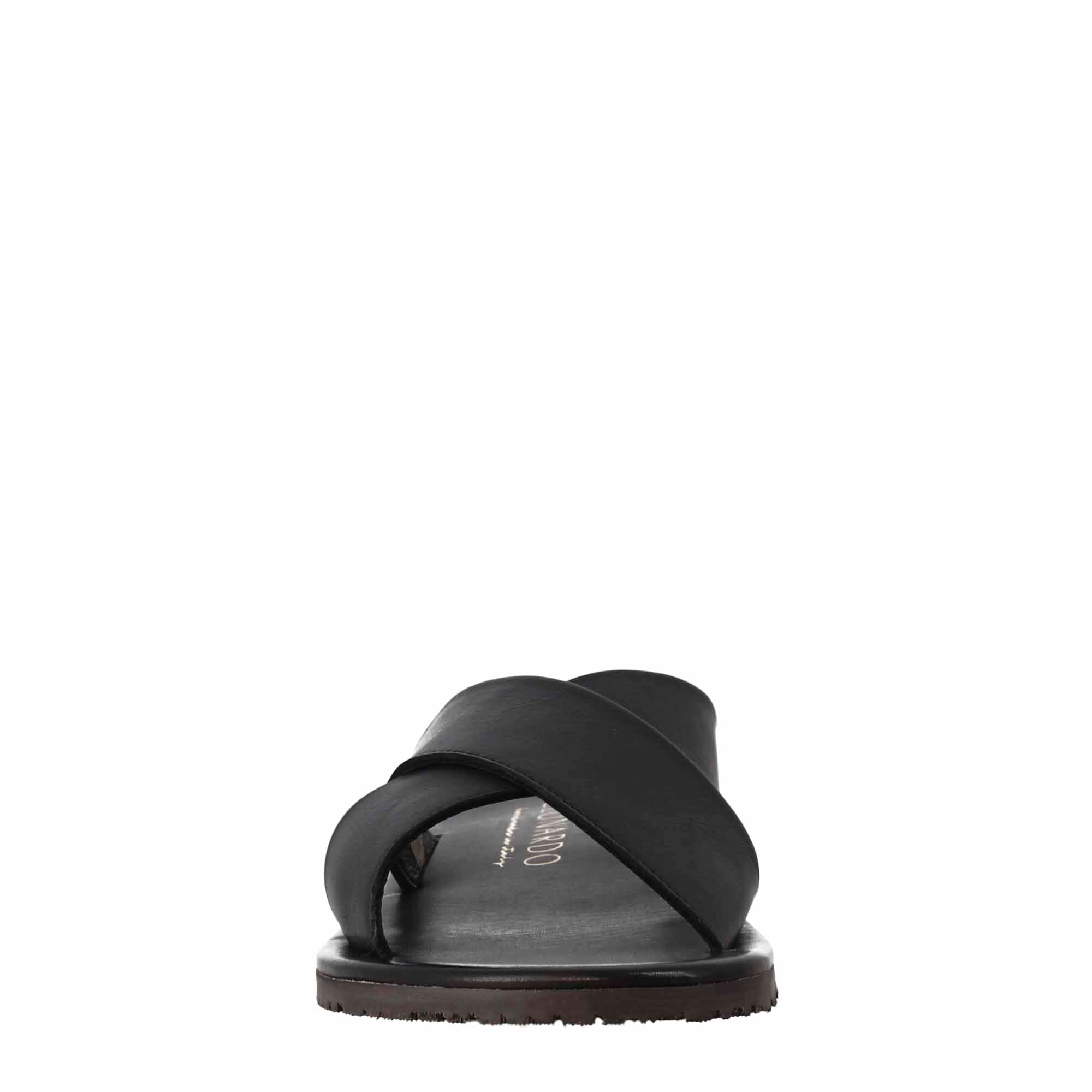 Sandali ciabatta con fasce incrociate da uomo fatti a mano in pelle nera - LeonardoShoes