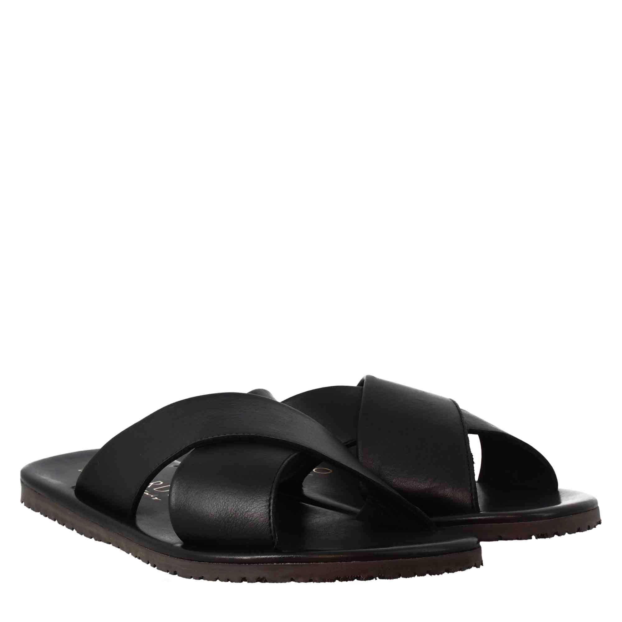 Sandali ciabatta con fasce incrociate da uomo fatti a mano in pelle nera - LeonardoShoes