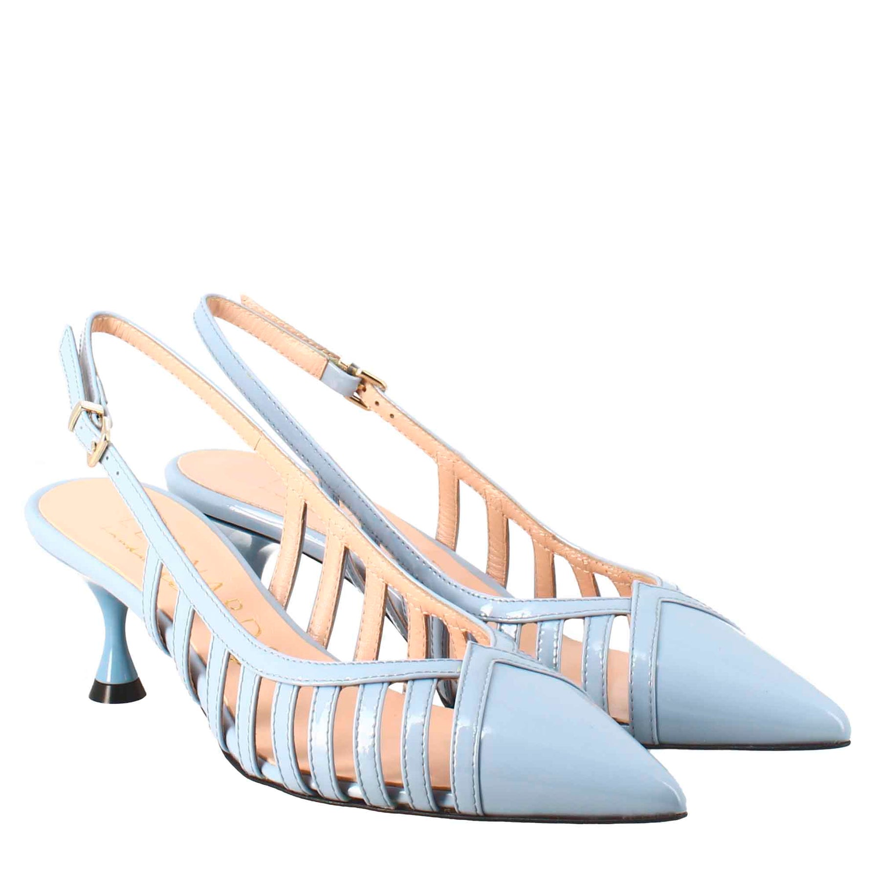 Women's décolleté in light blue patent leather with pointed toe