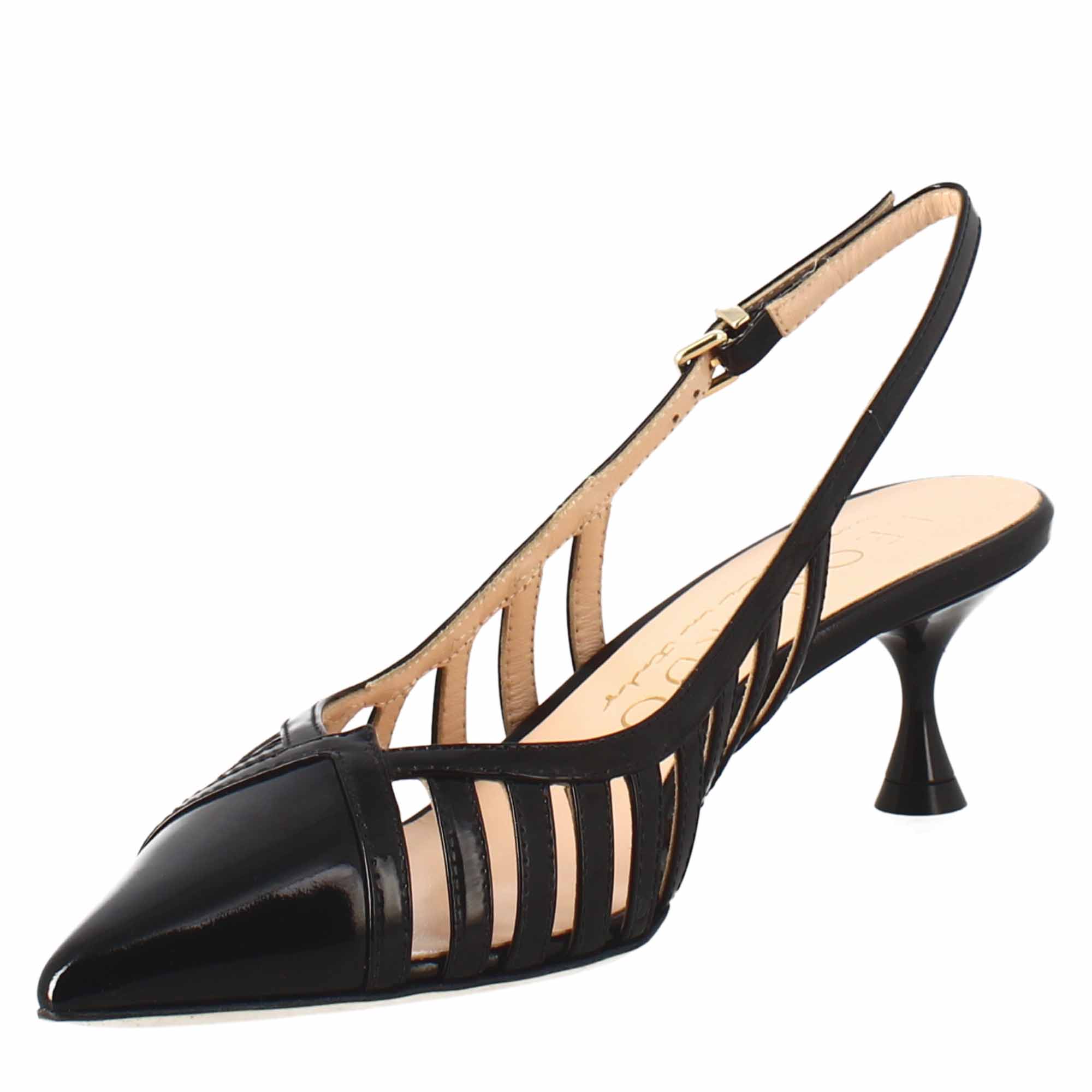 Décolleté pour femme en cuir verni noir à bout pointu