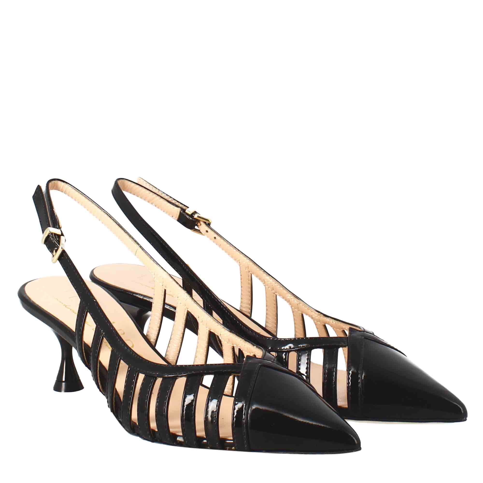Décolleté pour femme en cuir verni noir à bout pointu