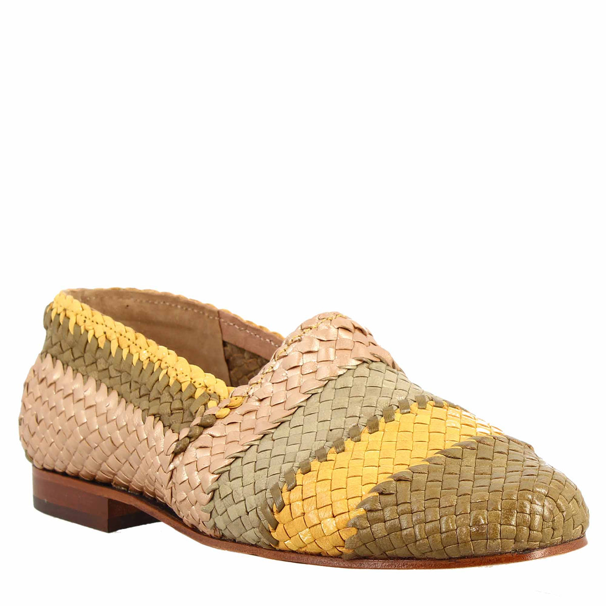 Handmade women's moccasins in green, yellow and beige woven leather 