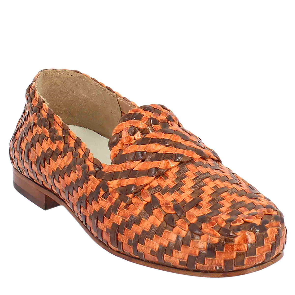 Women's moccasins in brown and orange woven leather