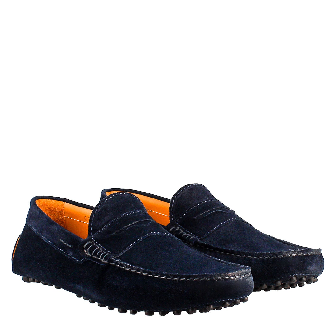 Mocassini artigianali carshoe da uomo in pelle di camoscio color blu. - LeonardoShoes