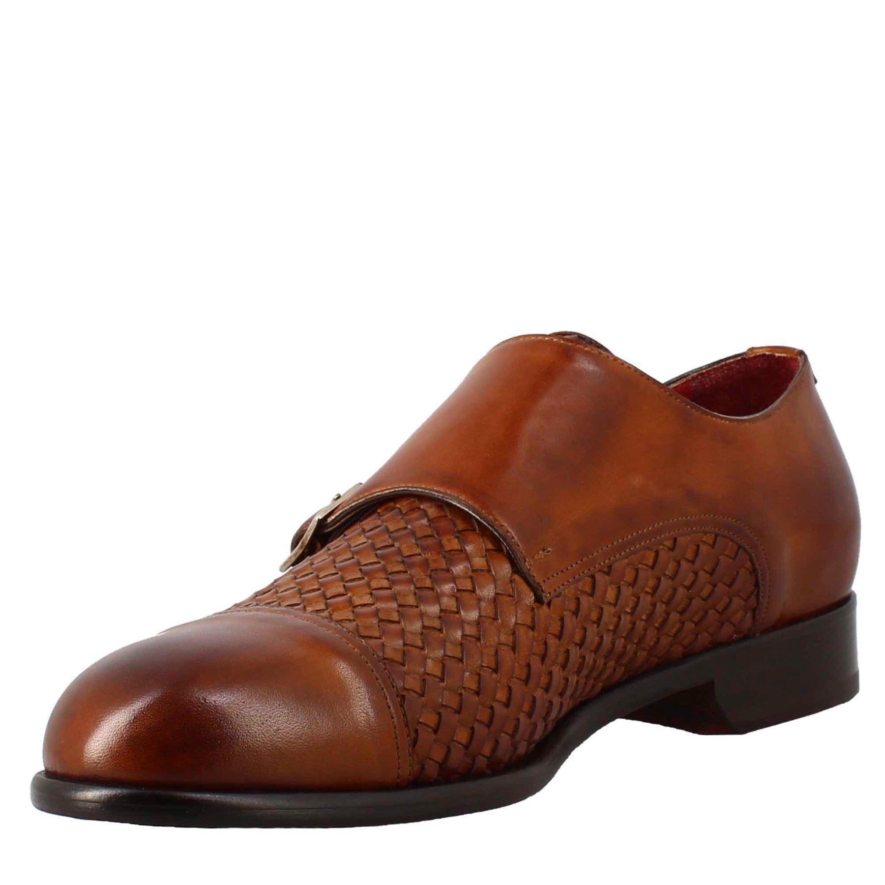 Men's double buckle shoe in sienna brown woven leather