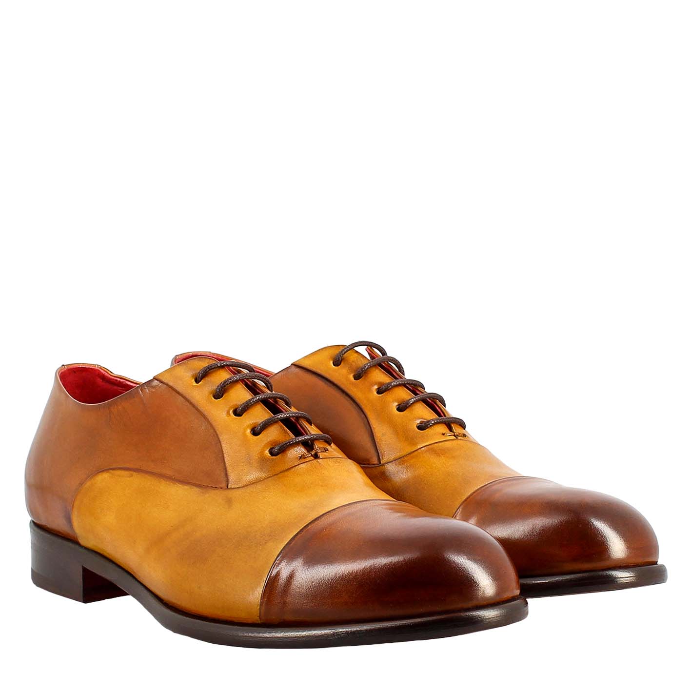 Oxford marrone e giallo elegante da uomo in pelle e fodera rossa - LeonardoShoes