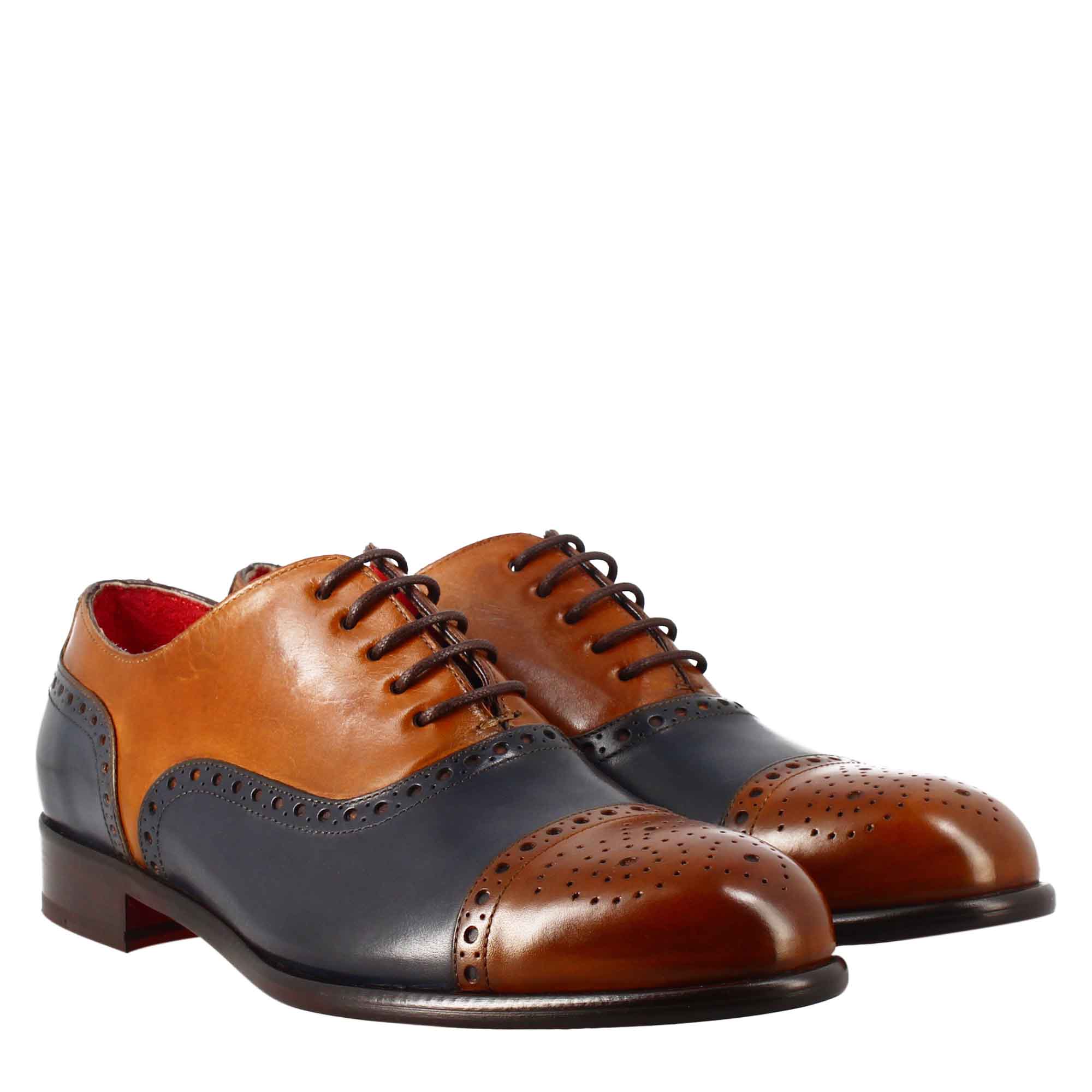 Oxford semi brogue marrone e blu elegante da uomo in pelle - LeonardoShoes